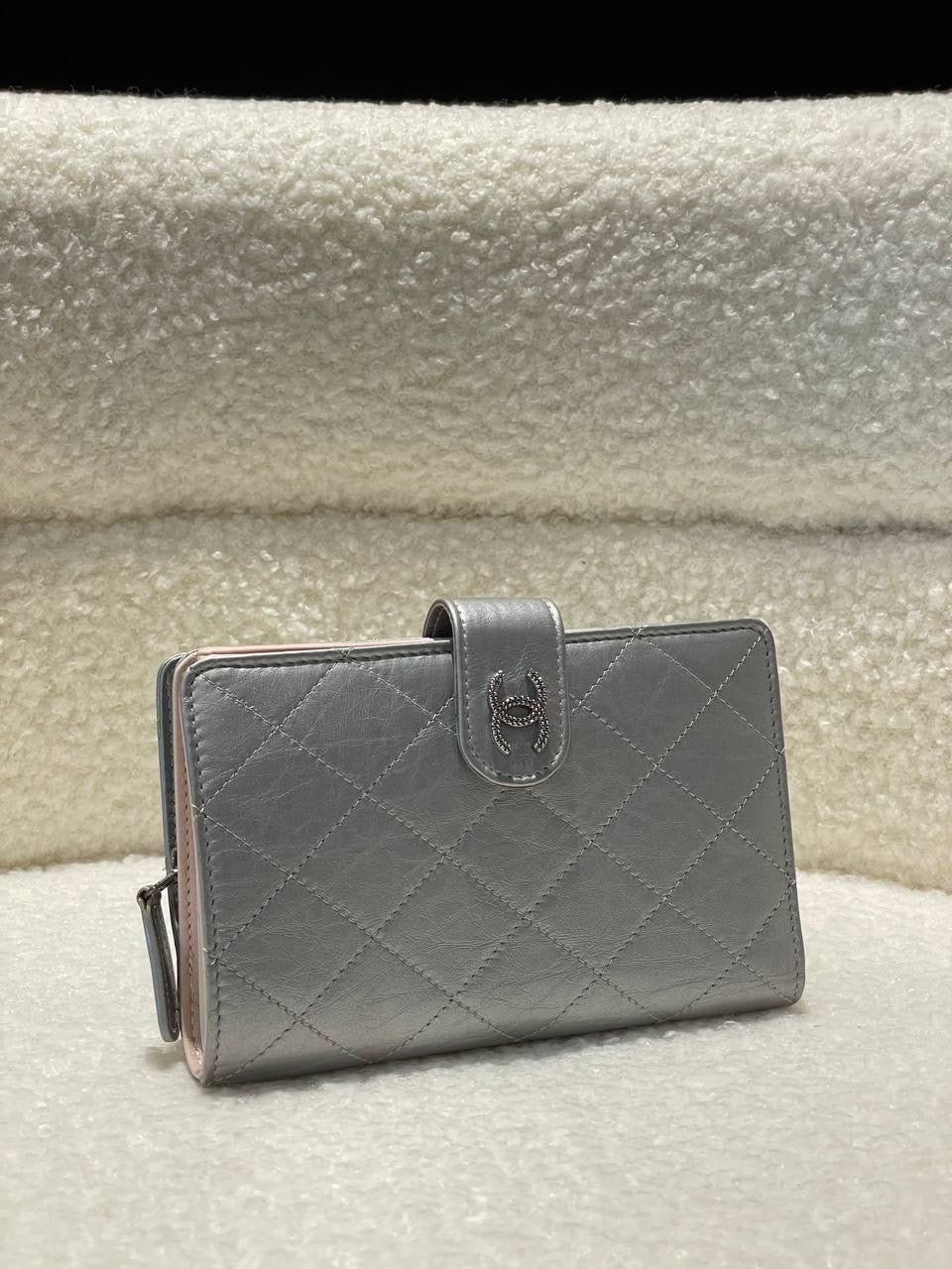 CHANEL Matelasse Coco Mark Clasp Folding Silver Wallet