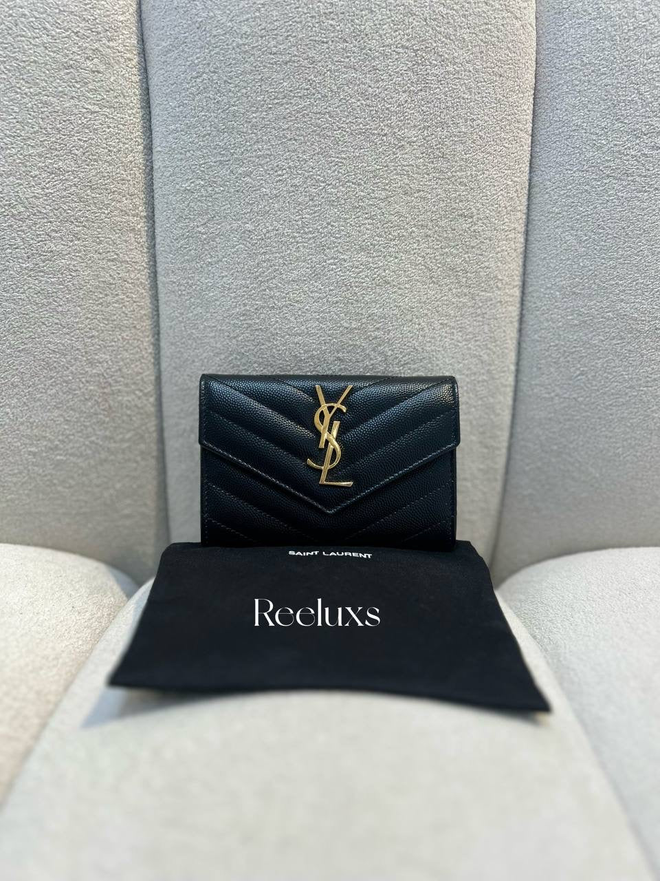 YVES SAINT LAURENT YSL Envelope Wallet Matelasse Grain De Poudre Small Black