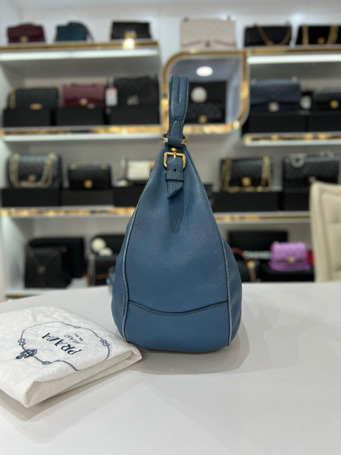 PRADA Blue Pebbled Leather Hobo Women Shoulder Bag - Reeluxs 