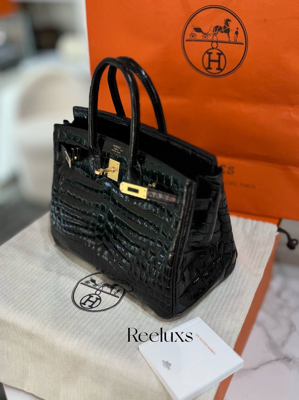 FULL SET As New HERMES Birkin 25 Black Crocodile Shiny Porosus Gold Hardware Handbag ( GHW )