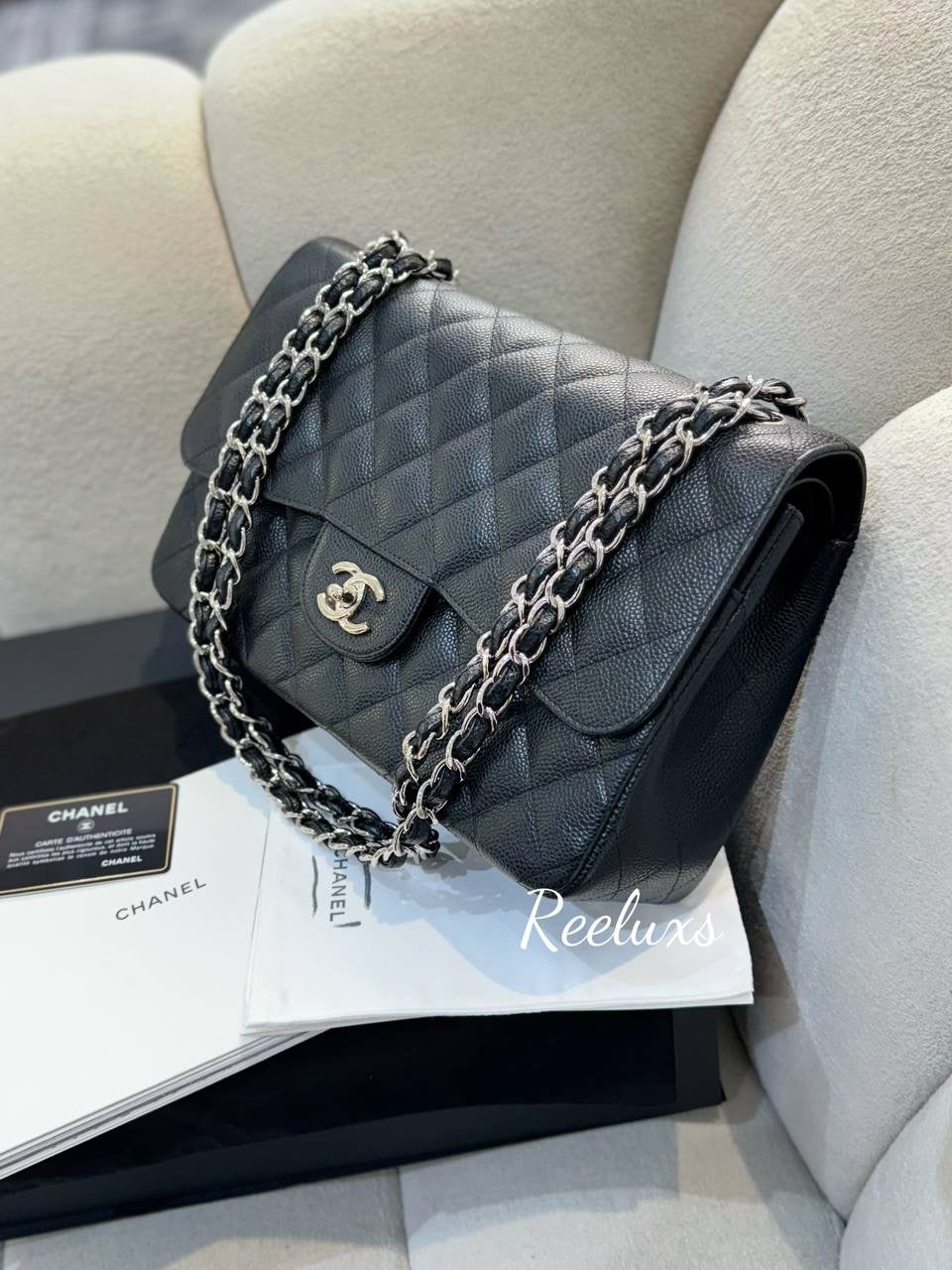 FULLSET CHANEL Jumbo Classic Double Flap Black Caviar Silver Hardware Shoulder Bag For Women