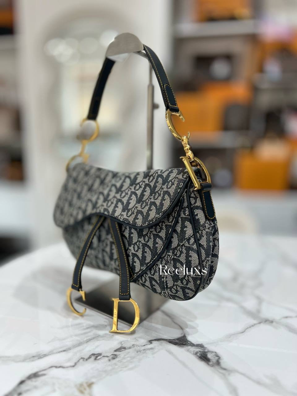 CHRISTIAN DIOR Double Saddle Bag Navy Oblique In GHW