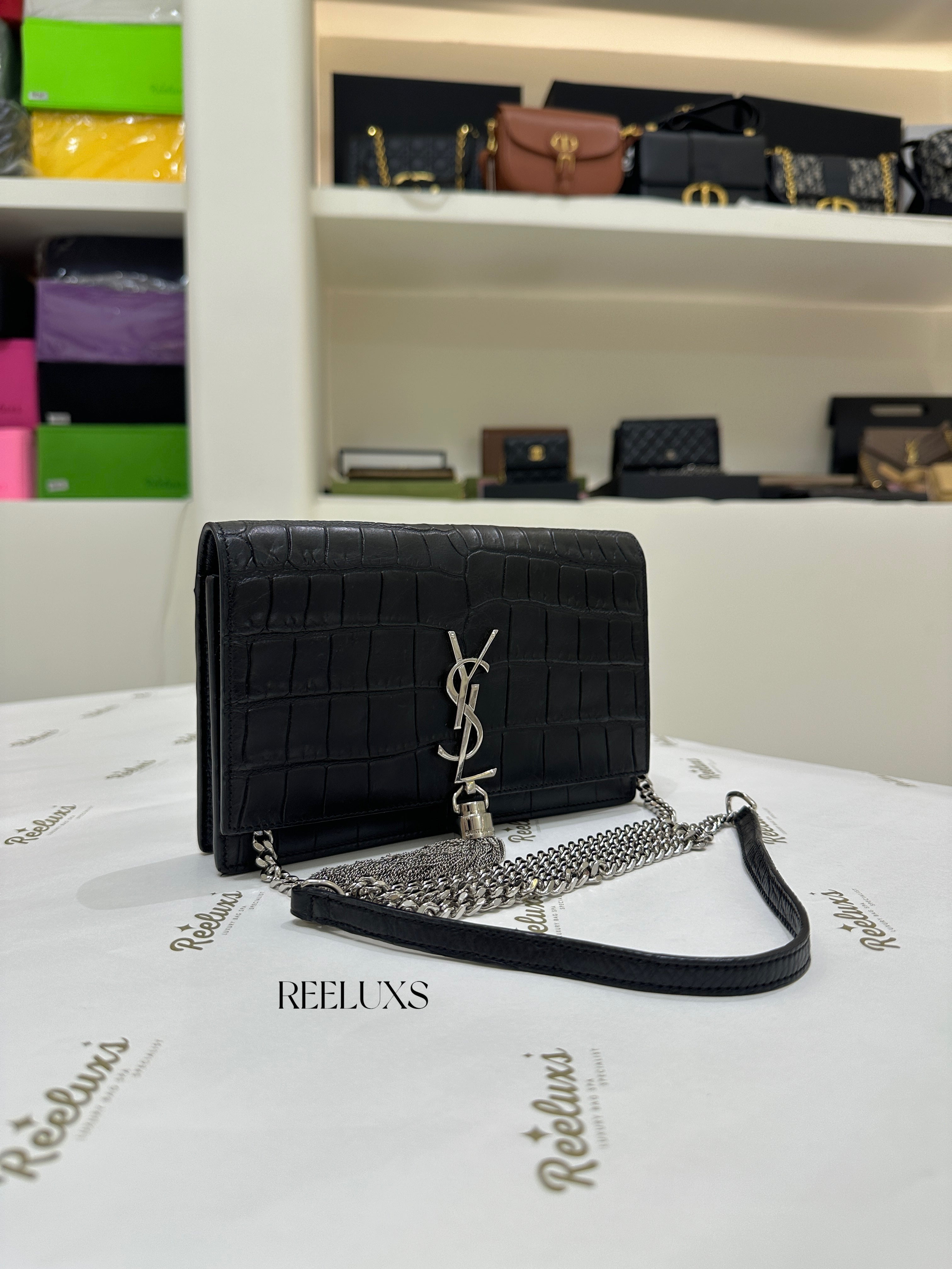 Saint Laurent YSL Kate Tassel Shoulder Bag (Croc-Embossed)