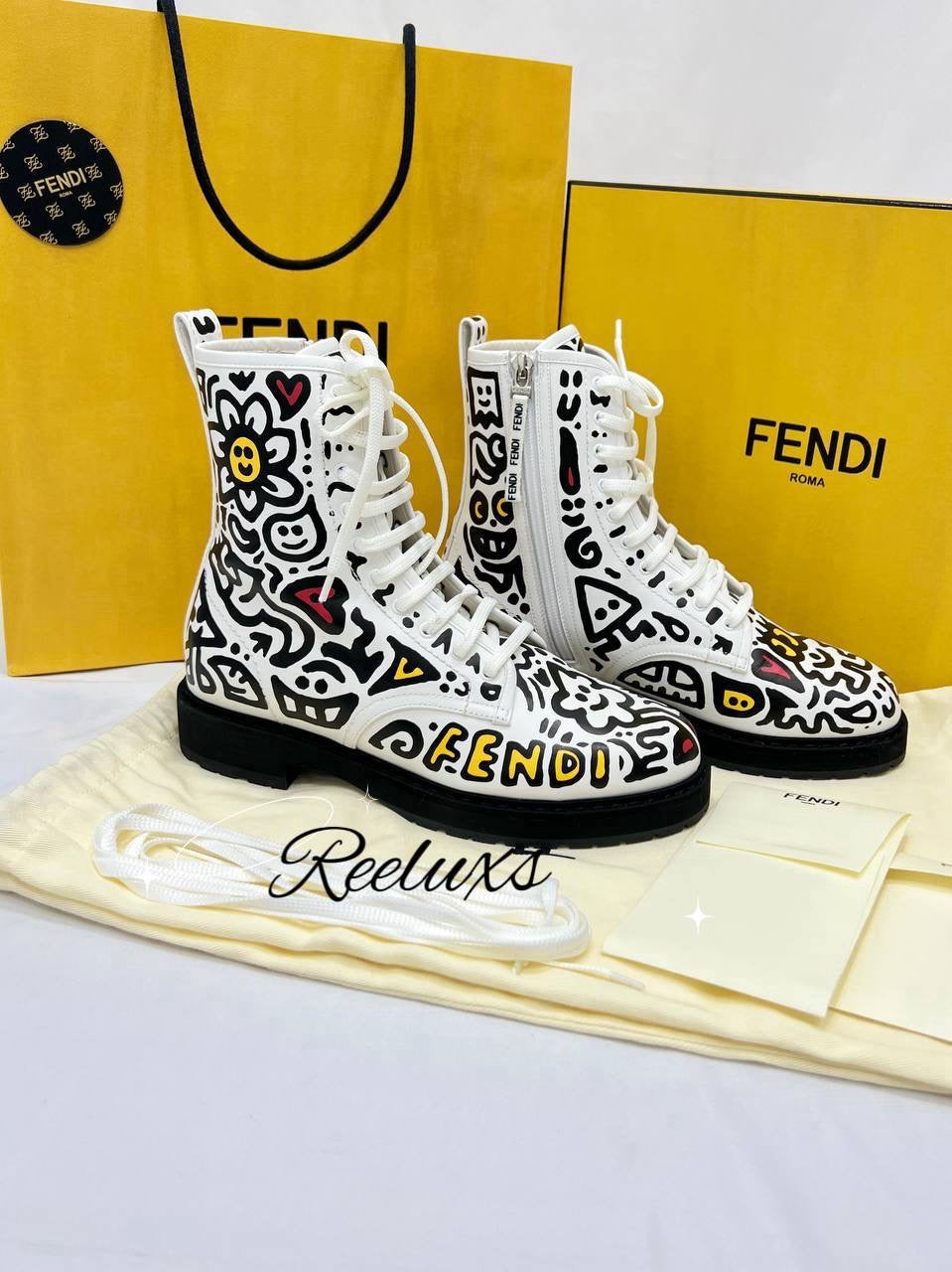 FENDI Mr Doodle Logo Graffiti Print Laced Combat Ankle Boot White