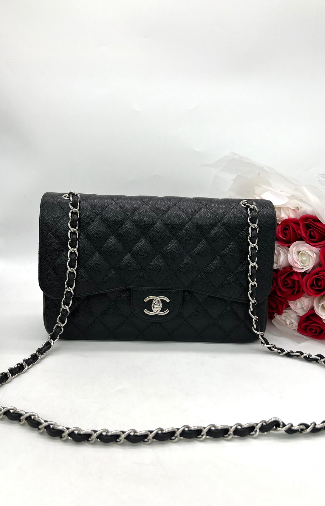 CHANEL Jumbo Classic Flap Black Caviar Silver Hardware Shoulder Bag For Women - Reeluxs 