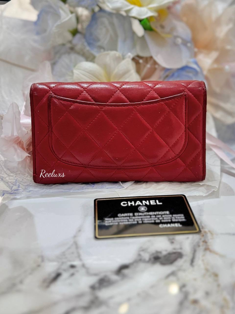 CHANEL Red Quilted  Leather Timeless/ Classique Flap Wallet