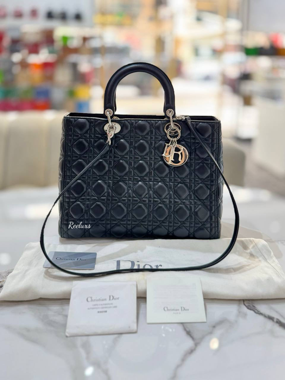 CHRISTIAN DIOR  Black Cannage Lamskin Large Lady Dior Handbag / Shoulder Bag