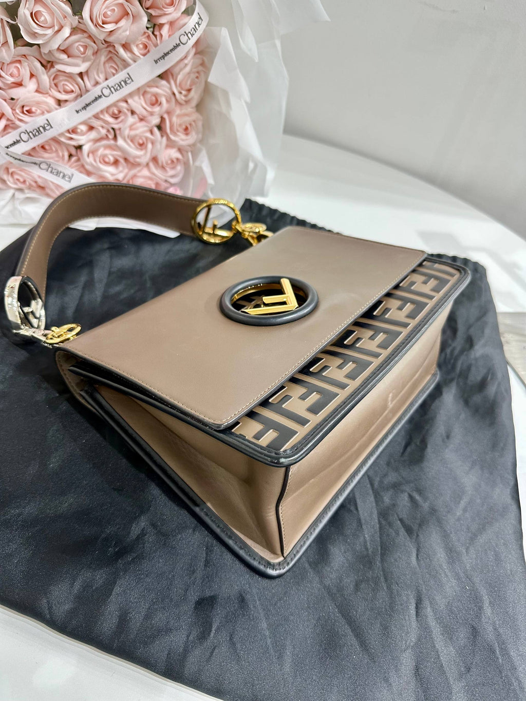 FENDI Kan I F Shoulder Bag in Taupe Brown Leather with FF Zucca Embossed Detail