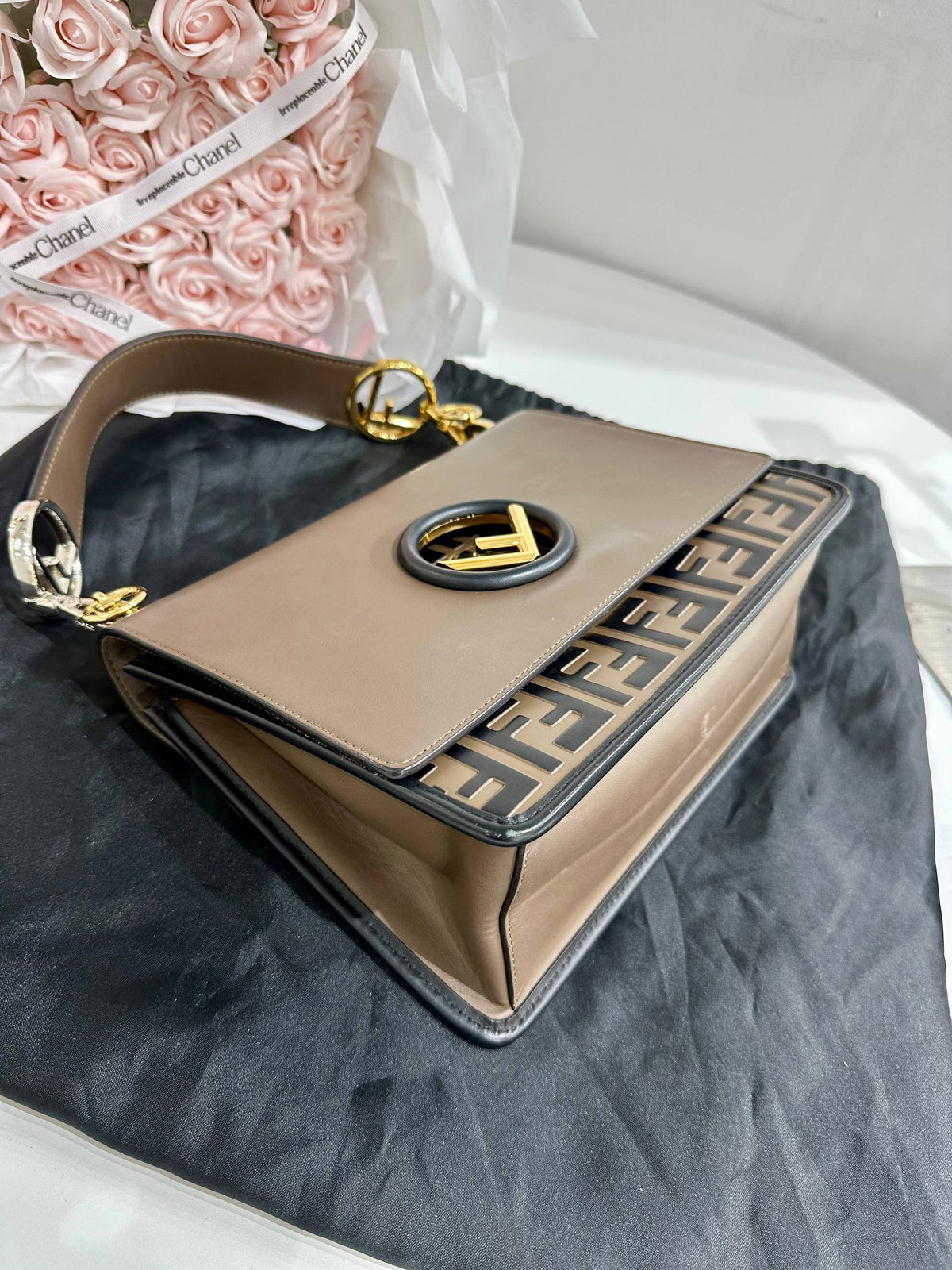 FENDI Kan I F Shoulder Bag in Taupe Brown Leather with FF Zucca Embossed Detail