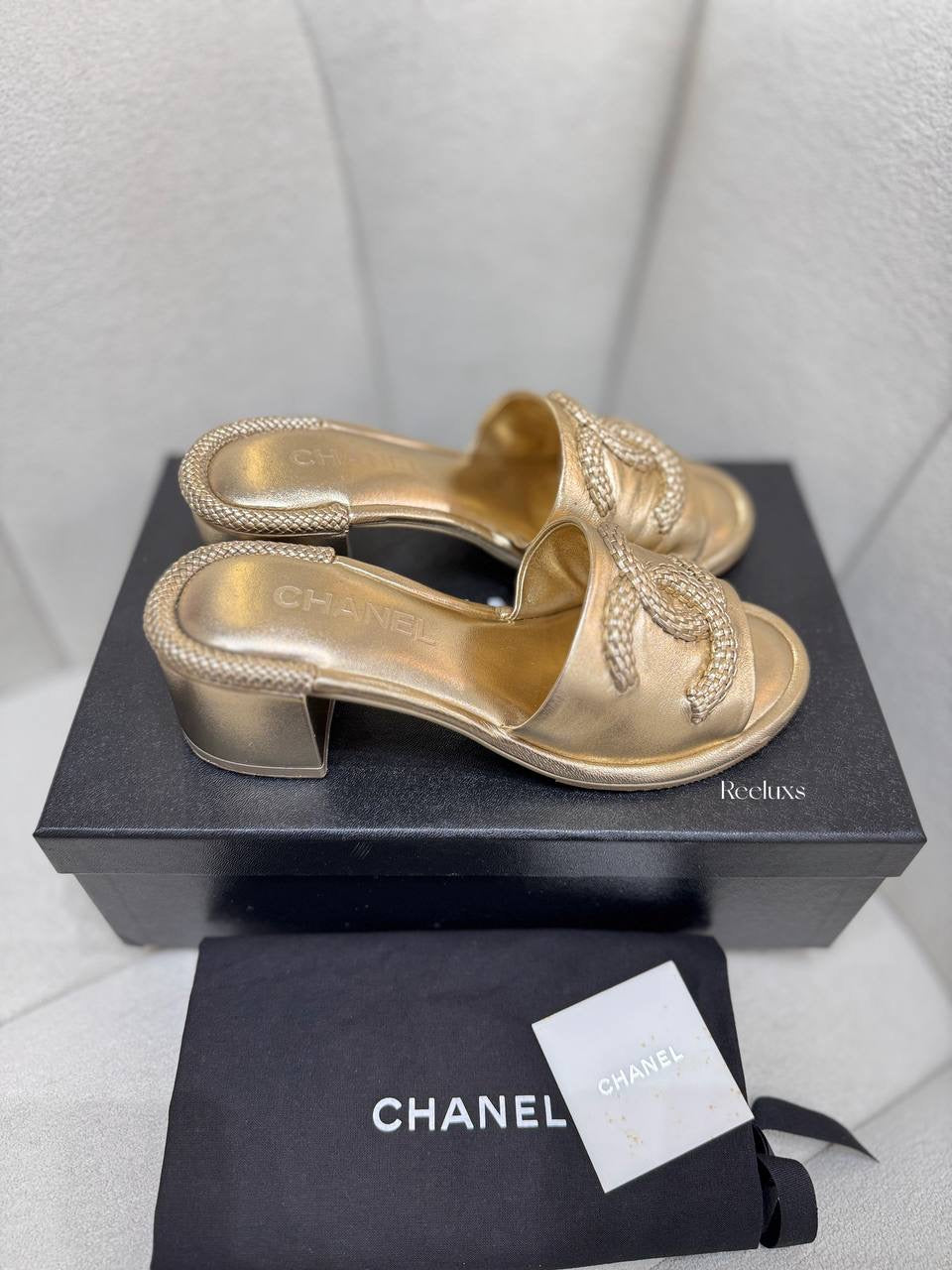 Chanel Gold Leather CC Slide Sandals