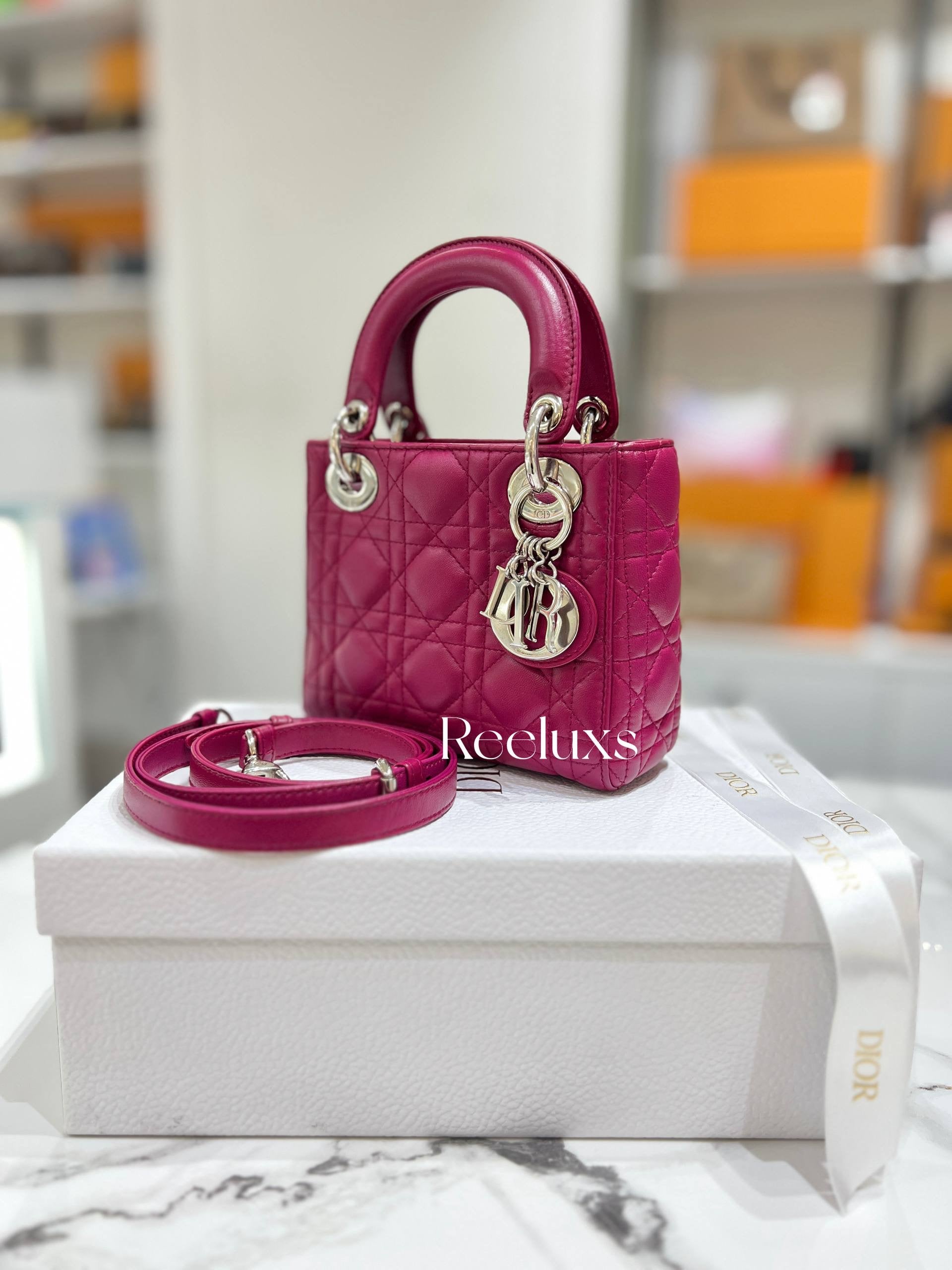 CHRISTIAN DIOR Lady Dior Pink Mini Lambskin Cannage Handbag