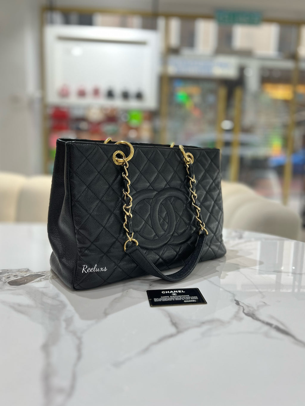 CHANEL Black Quilted Caviar GST Grand Shopping Tote Handbag GHW