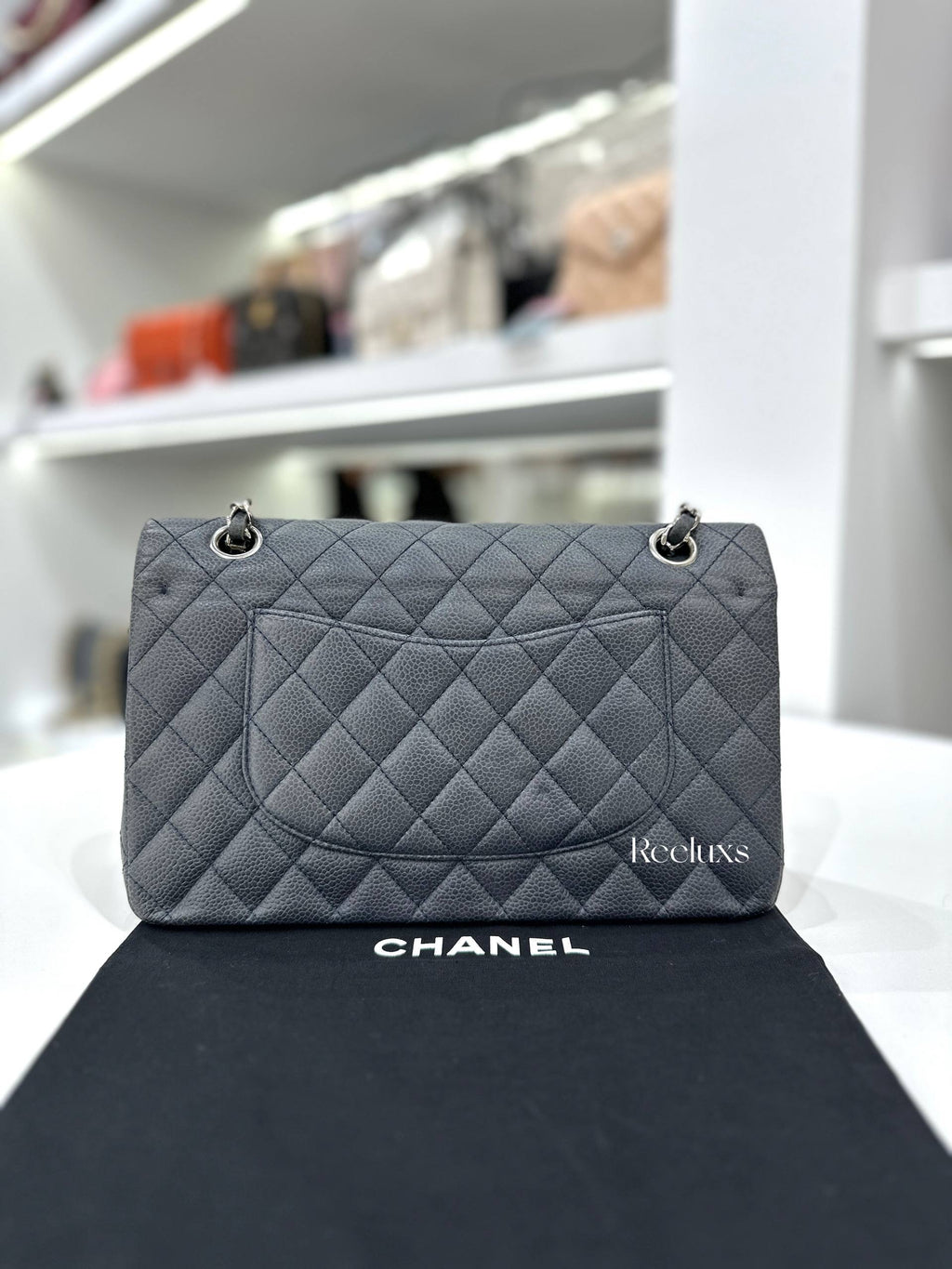 CHANEL Classic Flap Bag Grey Quilted Caviar SHW