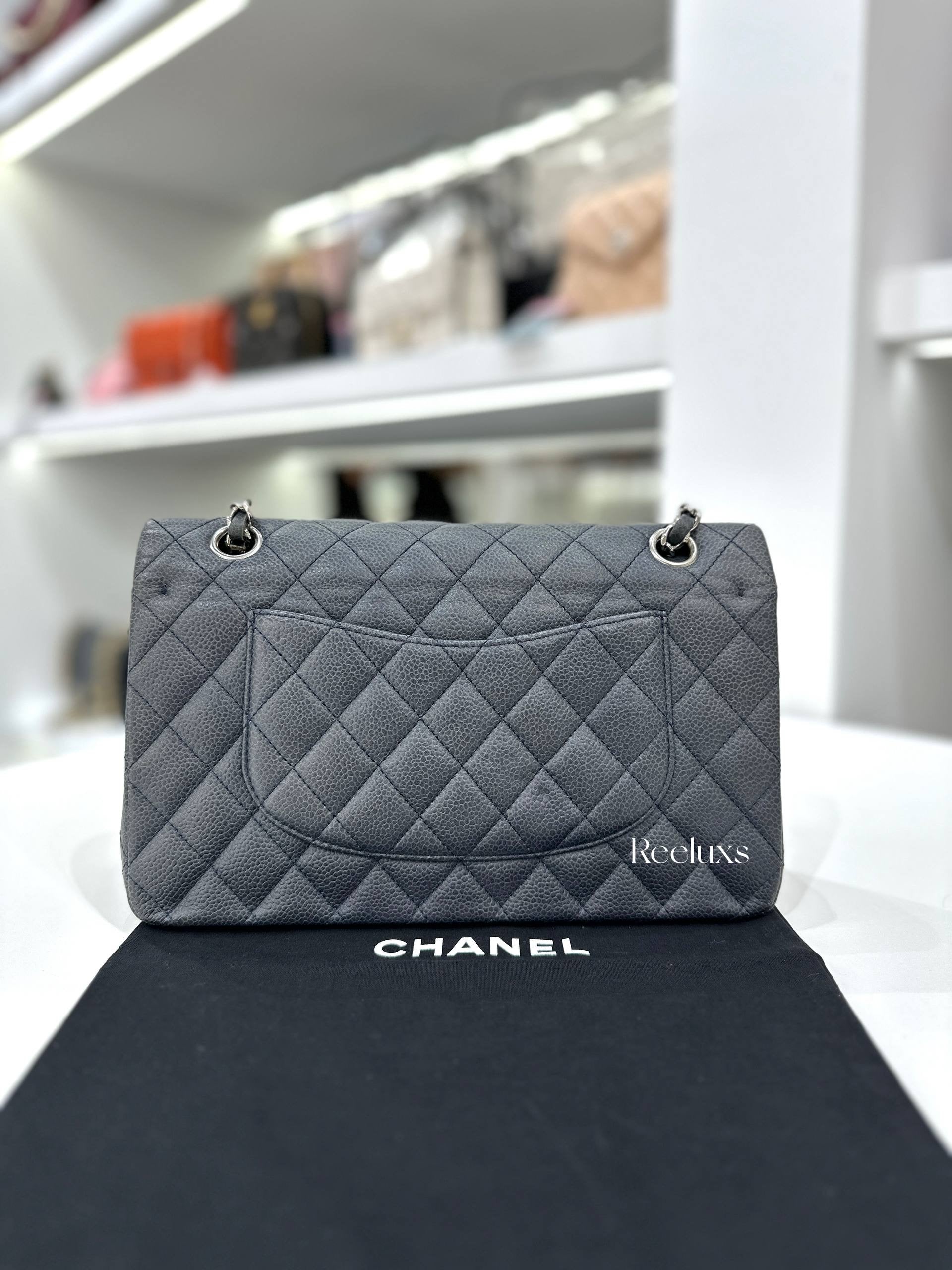 CHANEL Classic Flap Bag Grey Quilted Caviar SHW