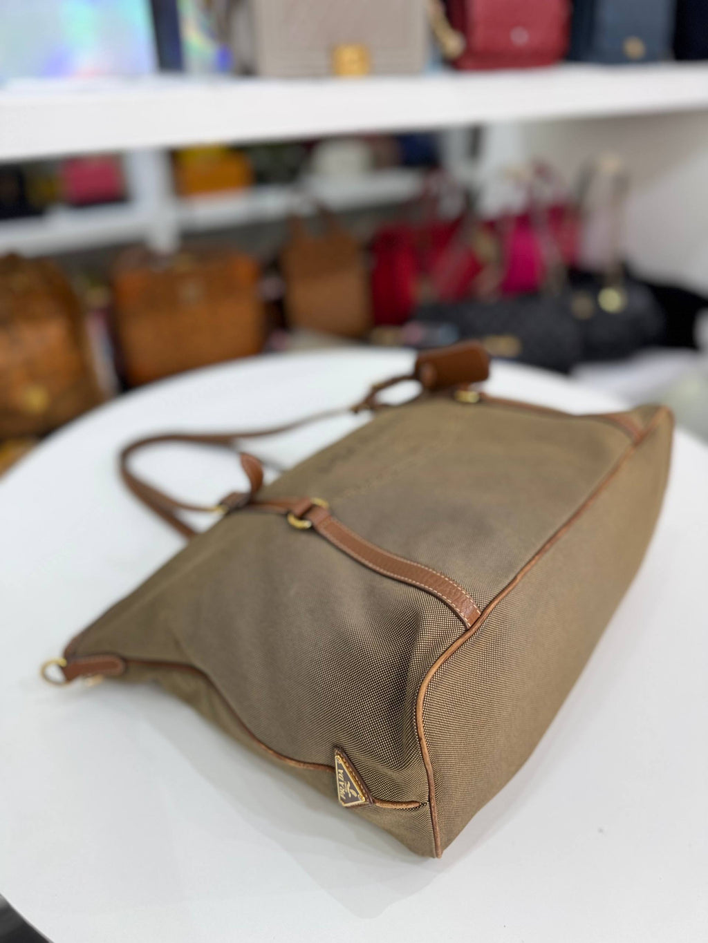 PRADA Vintage Logo Jacquard Canvas Brown Leather Tote Bag