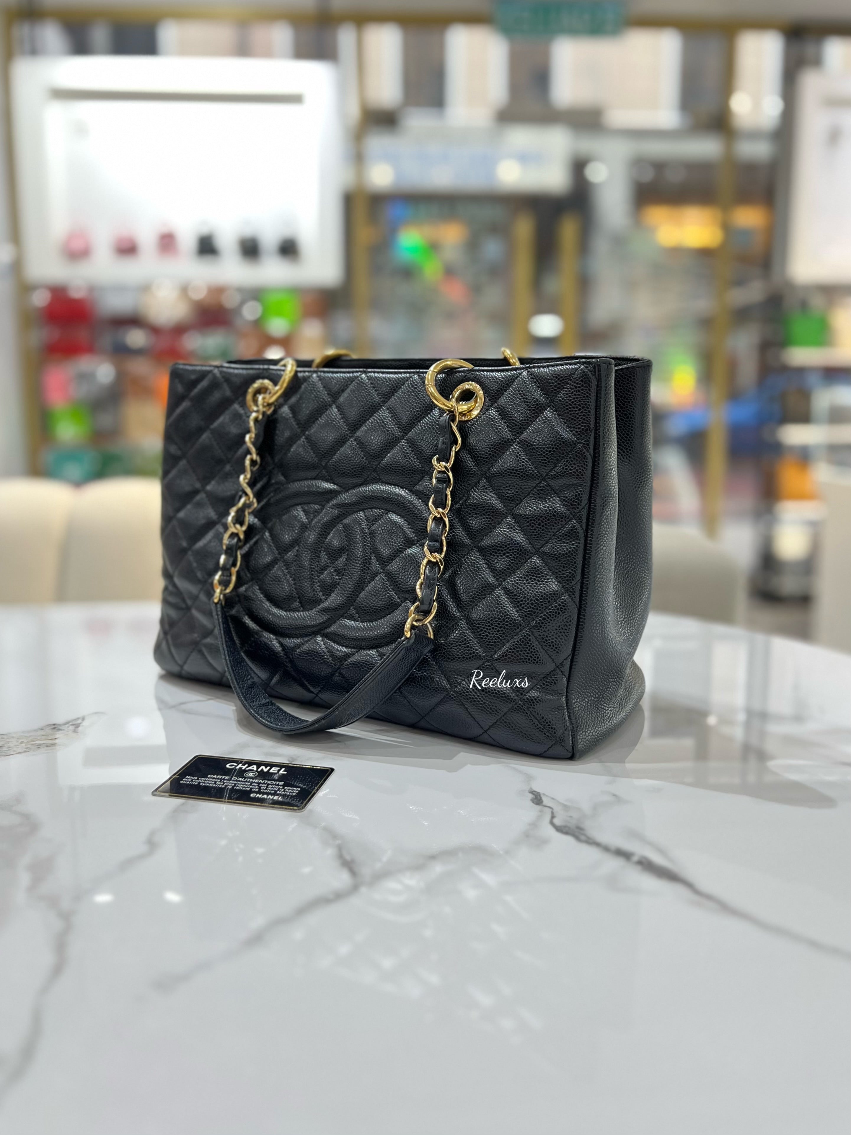 CHANEL Black Quilted Caviar GST Grand Shopping Tote Handbag GHW