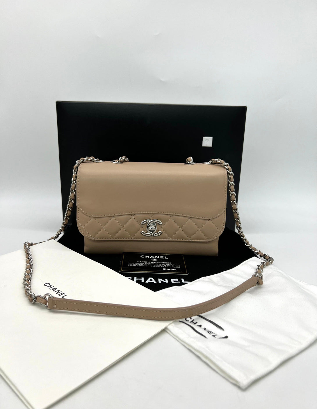 CHANEL Calfskin Small Tramezzo Flap Beige For Lady Sling Bag - Reeluxs 