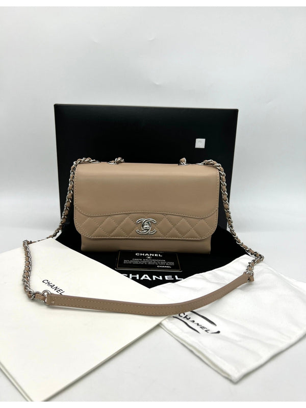 CHANEL Calfskin Small Tramezzo Flap Beige For Lady Sling Bag - Reeluxs 