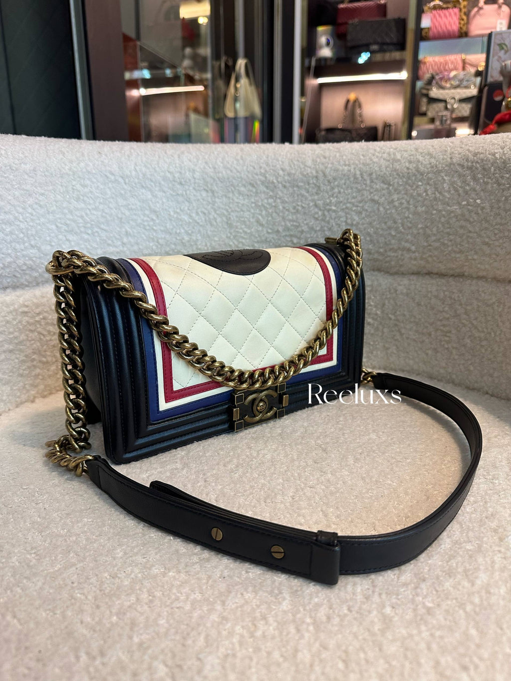 Chanel Boy Coco Mark Chain Shoulder Bag Black Red Blue Cream