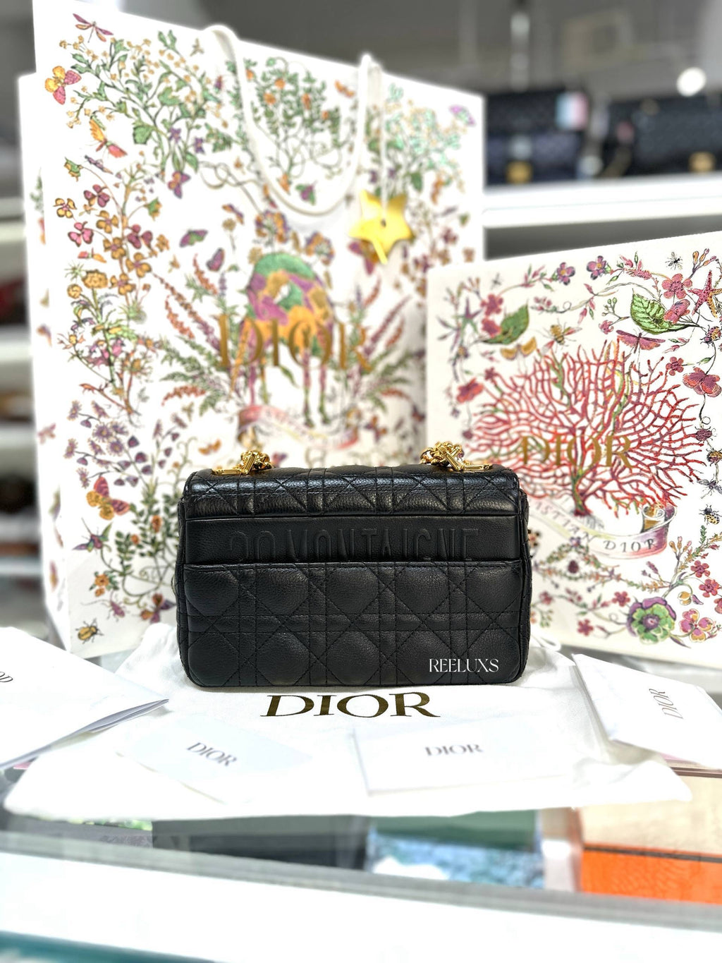 Christian Dior Black Supple Cannage Calfskin Caro Bag Full Set