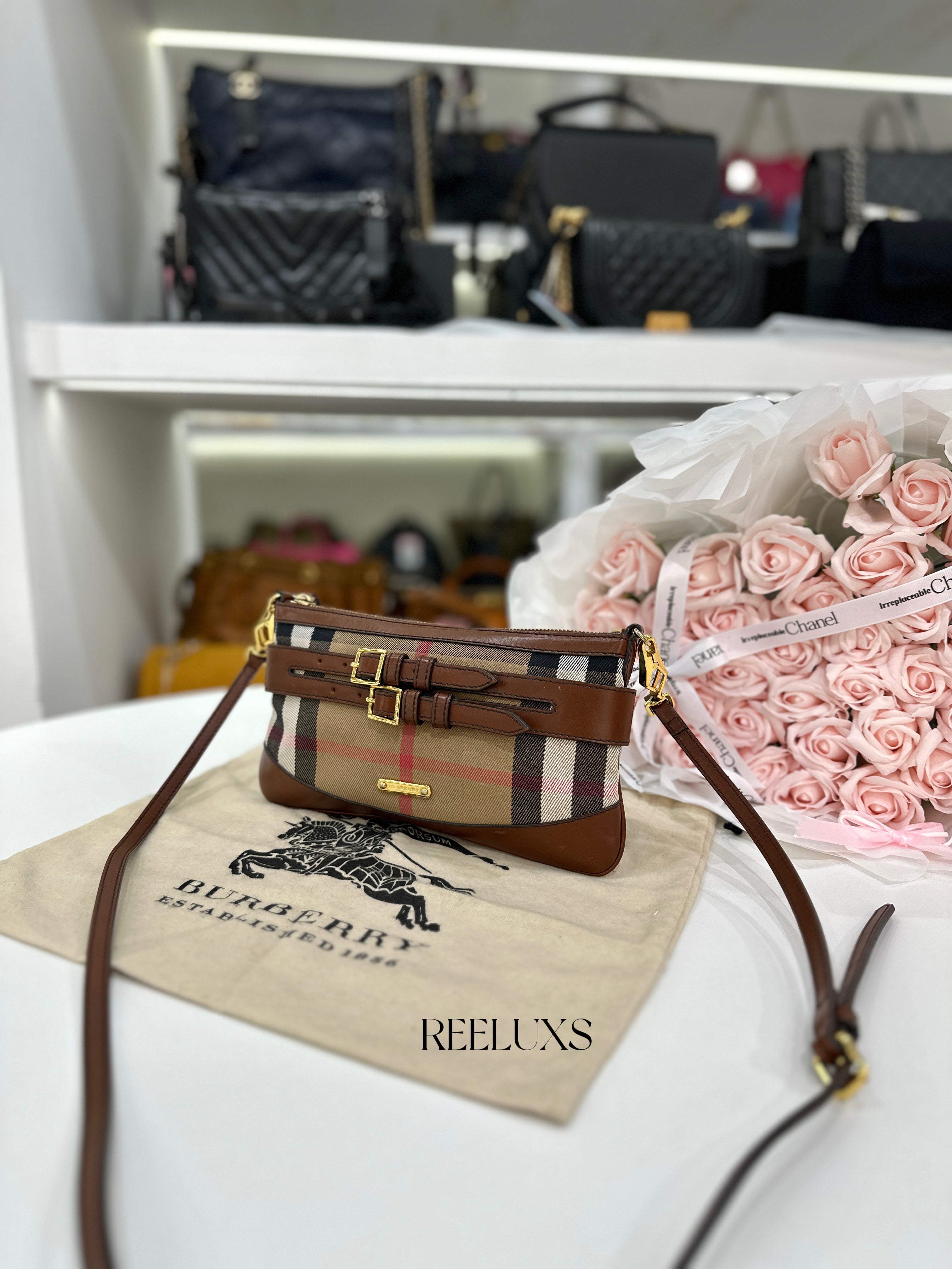 BURBERRY  House Check Bridle Calfskin Peyton Crossbody Bag