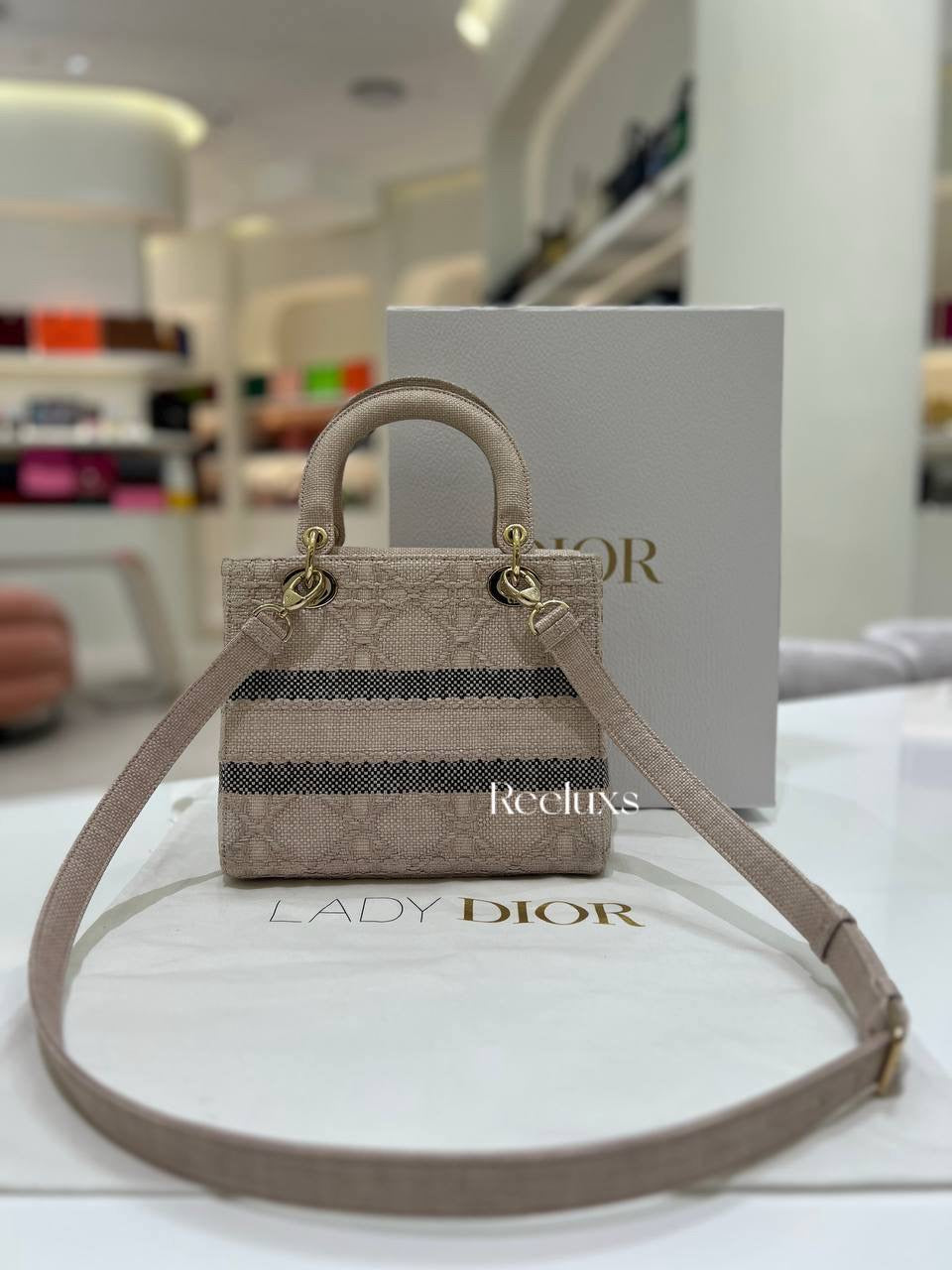 Lady D- Lite Bag Cannage Embroidered Raffia Medium