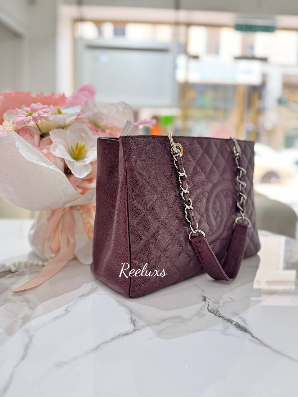 CHANEL Grand Shopping GST Caviar Leather Tote Bag Maroon