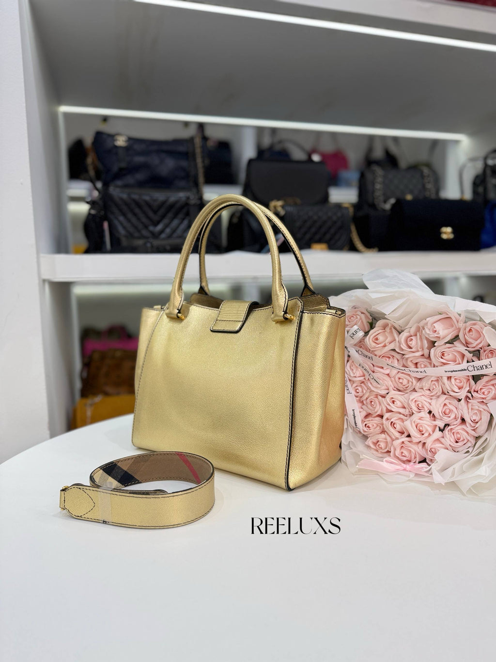 BURBERRY Metallic Soft Grain Calfskin Medium Buckle Tote