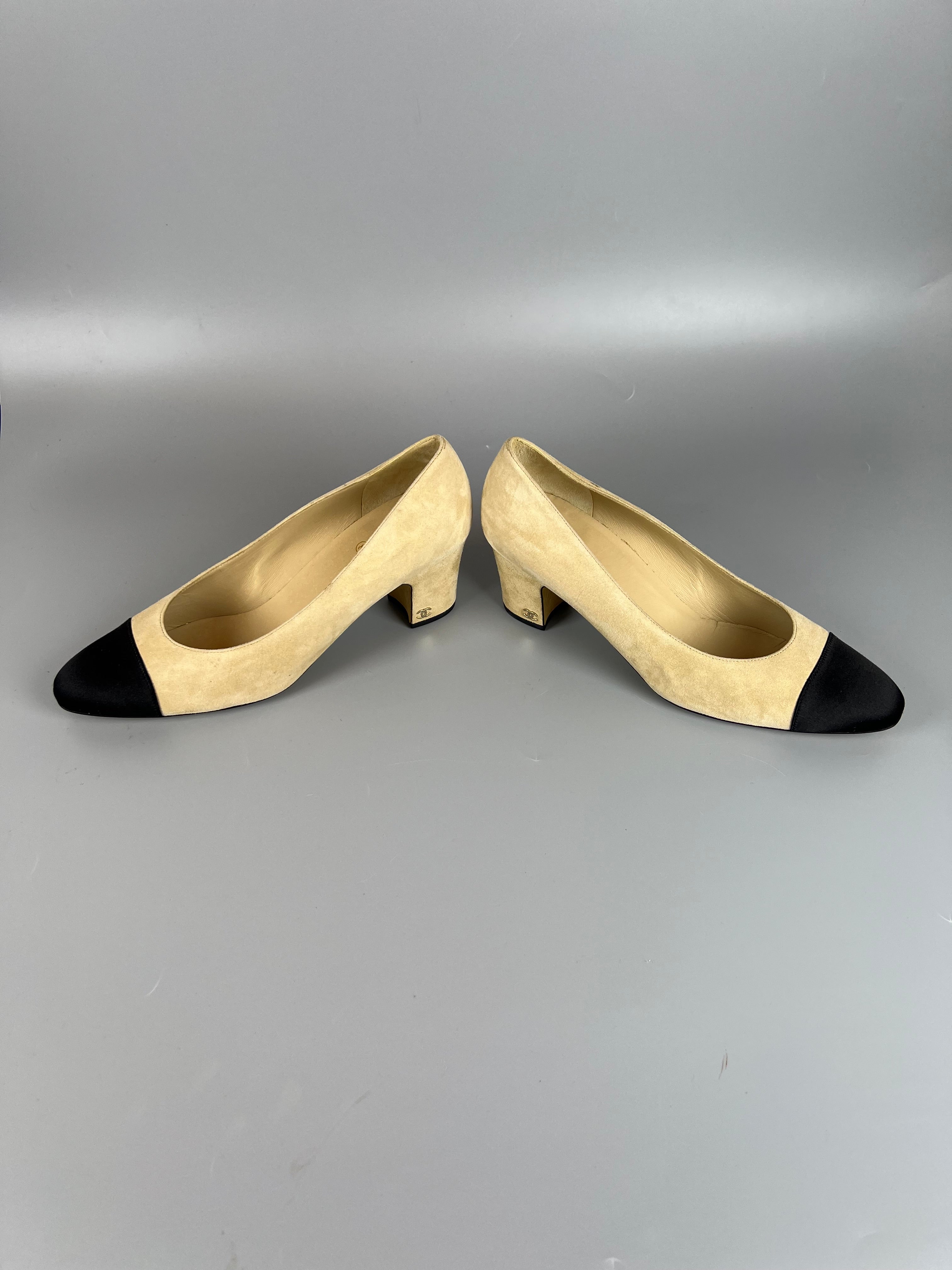 CHANEL Suede Satin Cap Toe Low Heel