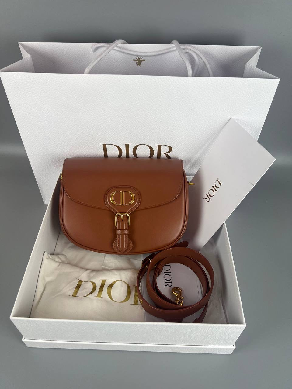 2023 FULL SET DIOR Women Medium Dior Bobby Bag Dark Tan Box Calfskin