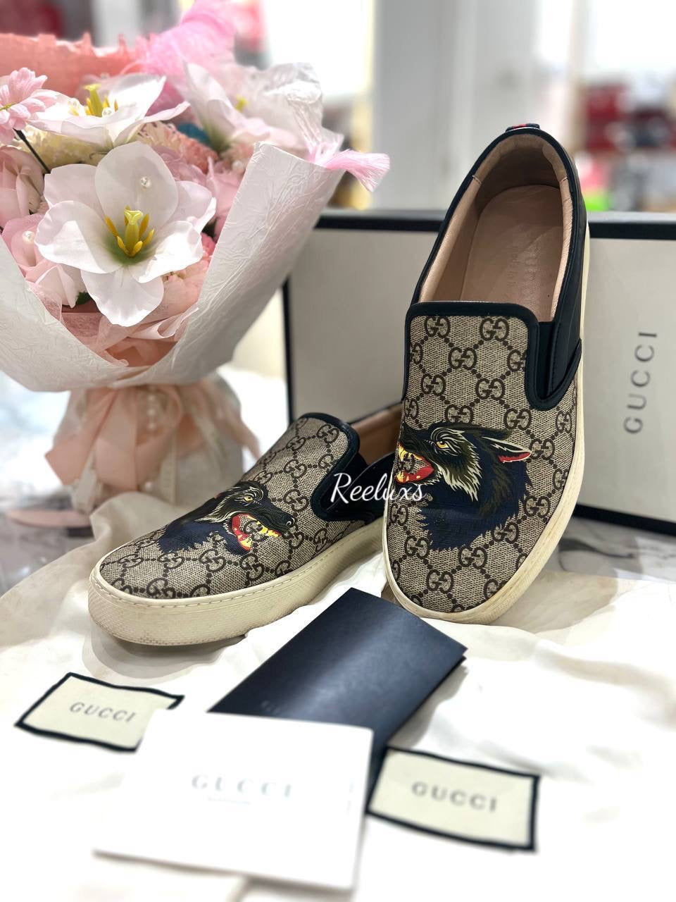GUCCI Superme Wolf Slip - On Sneakers Black / Brown Canvas
