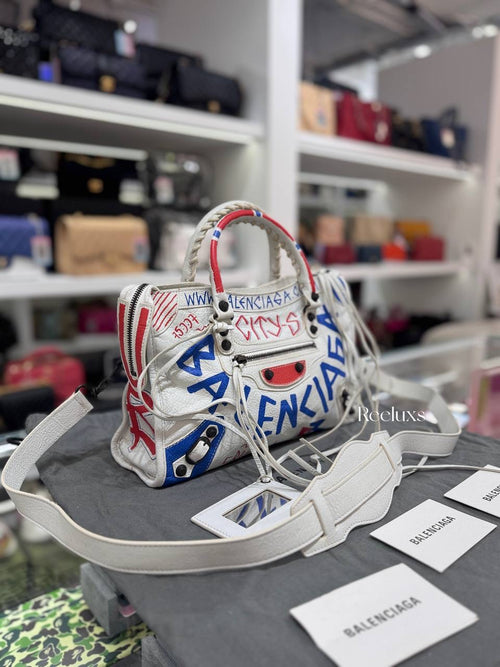 BALENCIAGA White Leather Graffiti City Handbag