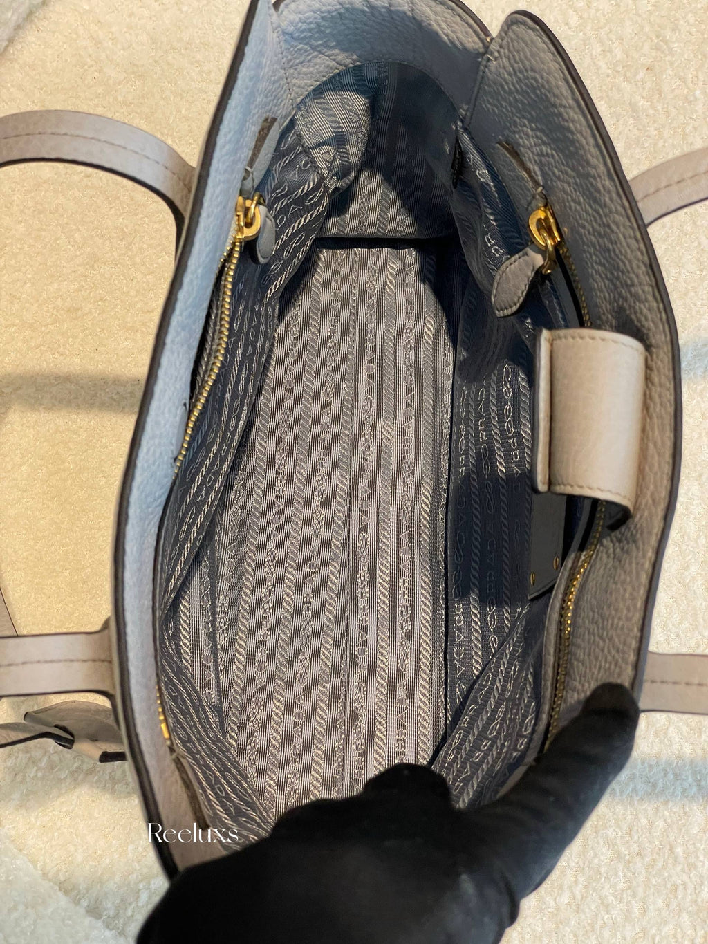 PRADA Phenix Open Tote in Grey Vitello Daino Leather Blue
