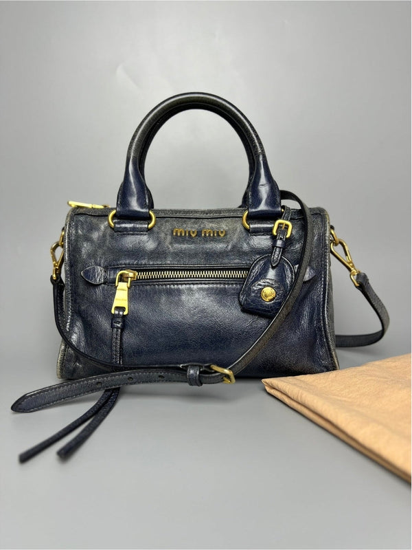 MIU MIU Blue Leather Vitello Hand & Crossbody Bag For Lady