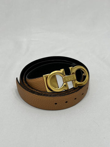 SALVATORE FERRAGAMO Black/ Brown Leather Gancio Reversible Belt 95cm