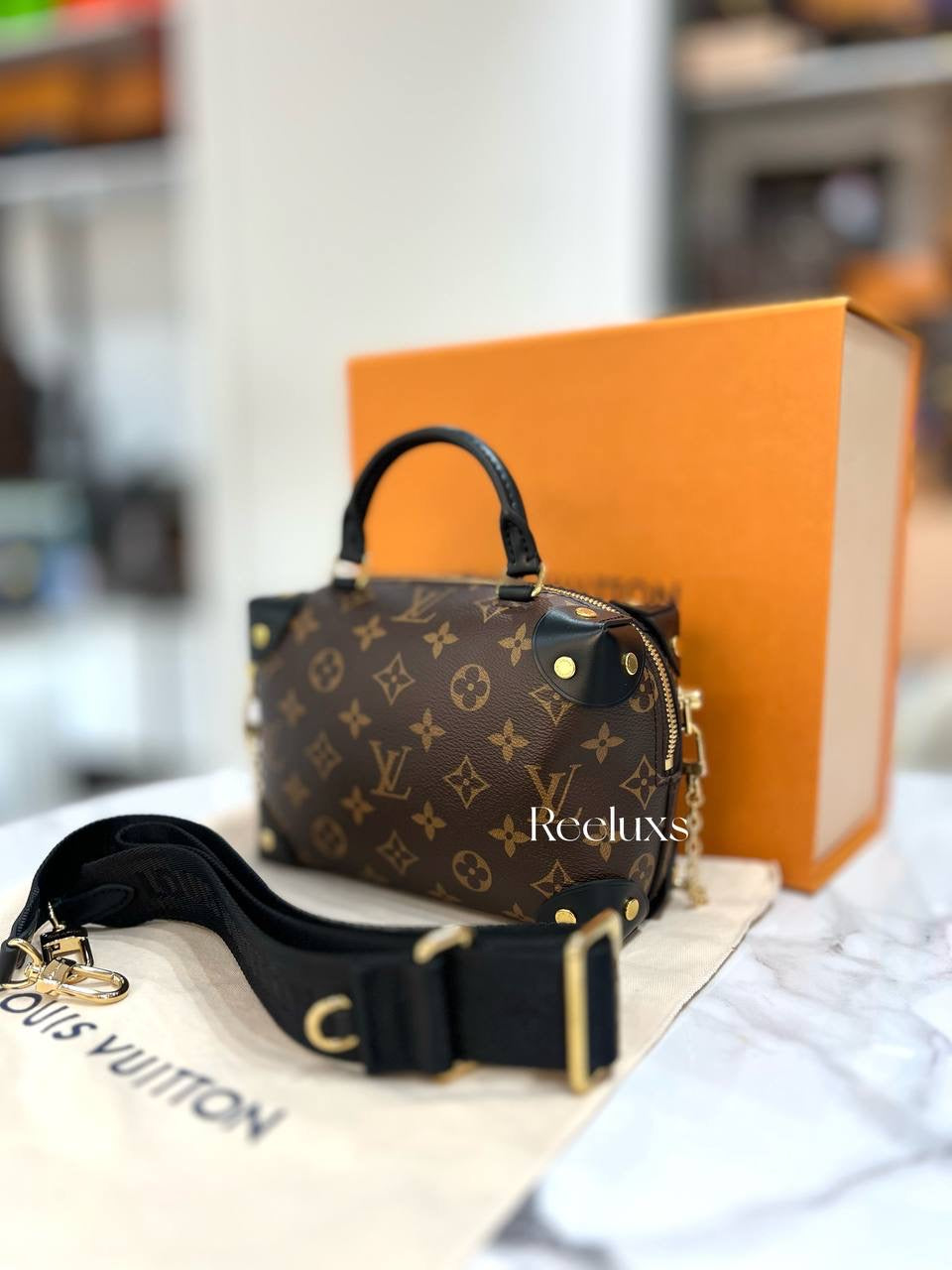 LOUIS VUITTON LV Petite Malle Souple Monogram Canvas Handbag Full set