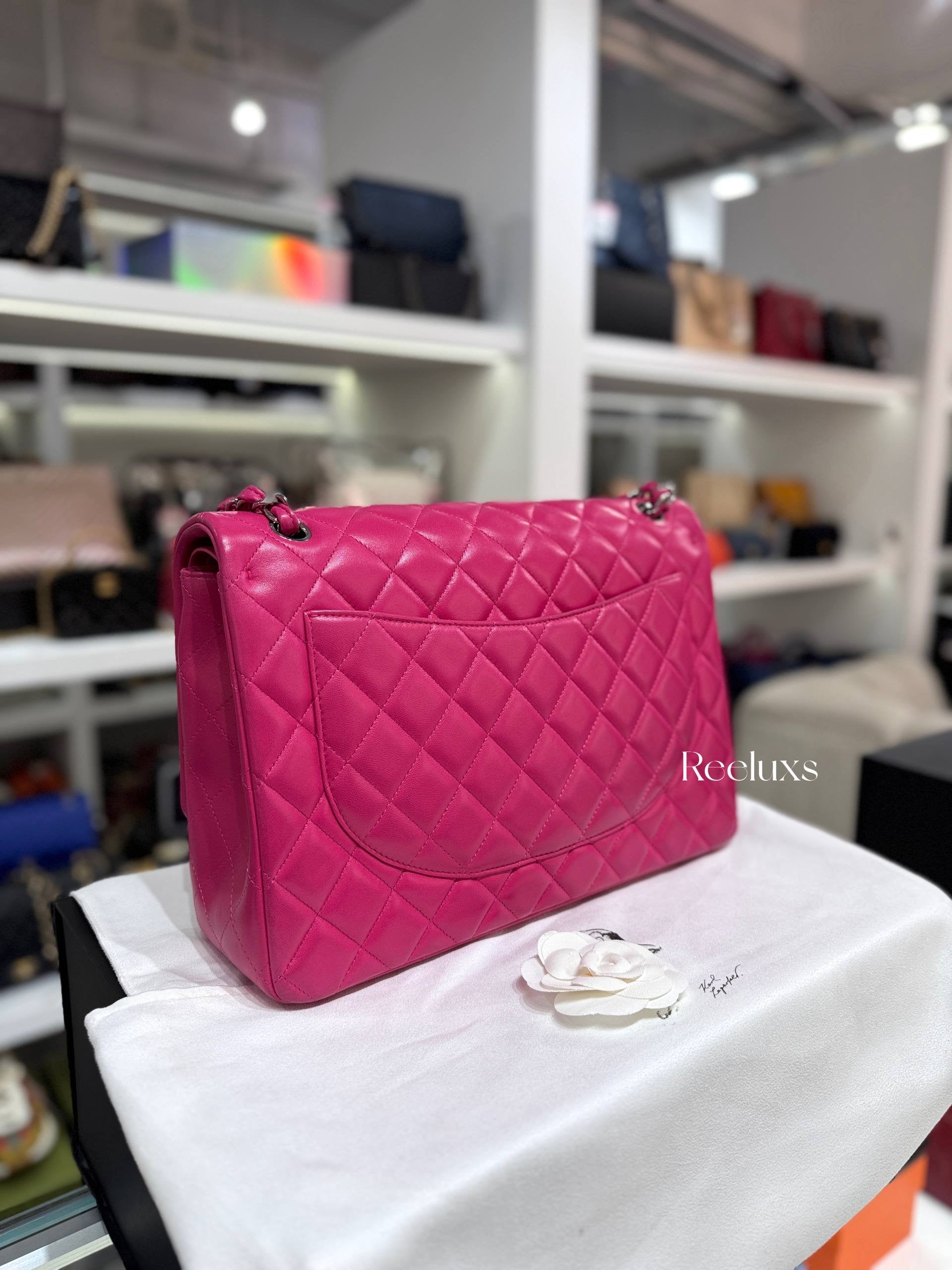 CHANEL Pink Quilted Lambskin Leather Classic Jumbo Double Flap Bag Full Set