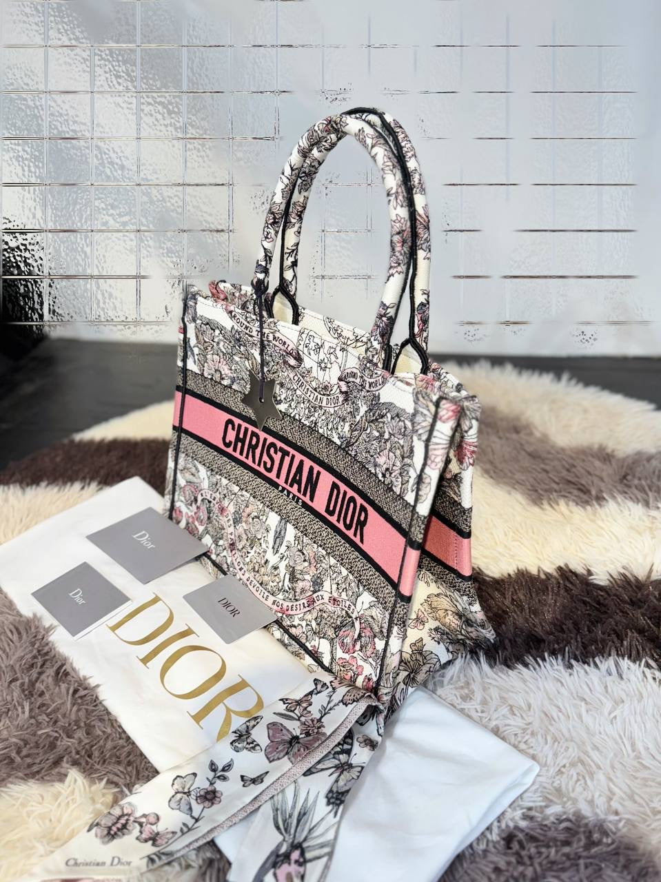 CHRISTIAN DIOR Canvas Embroidered Medium Butterfly Around The World Book Tote White Pastel Pink