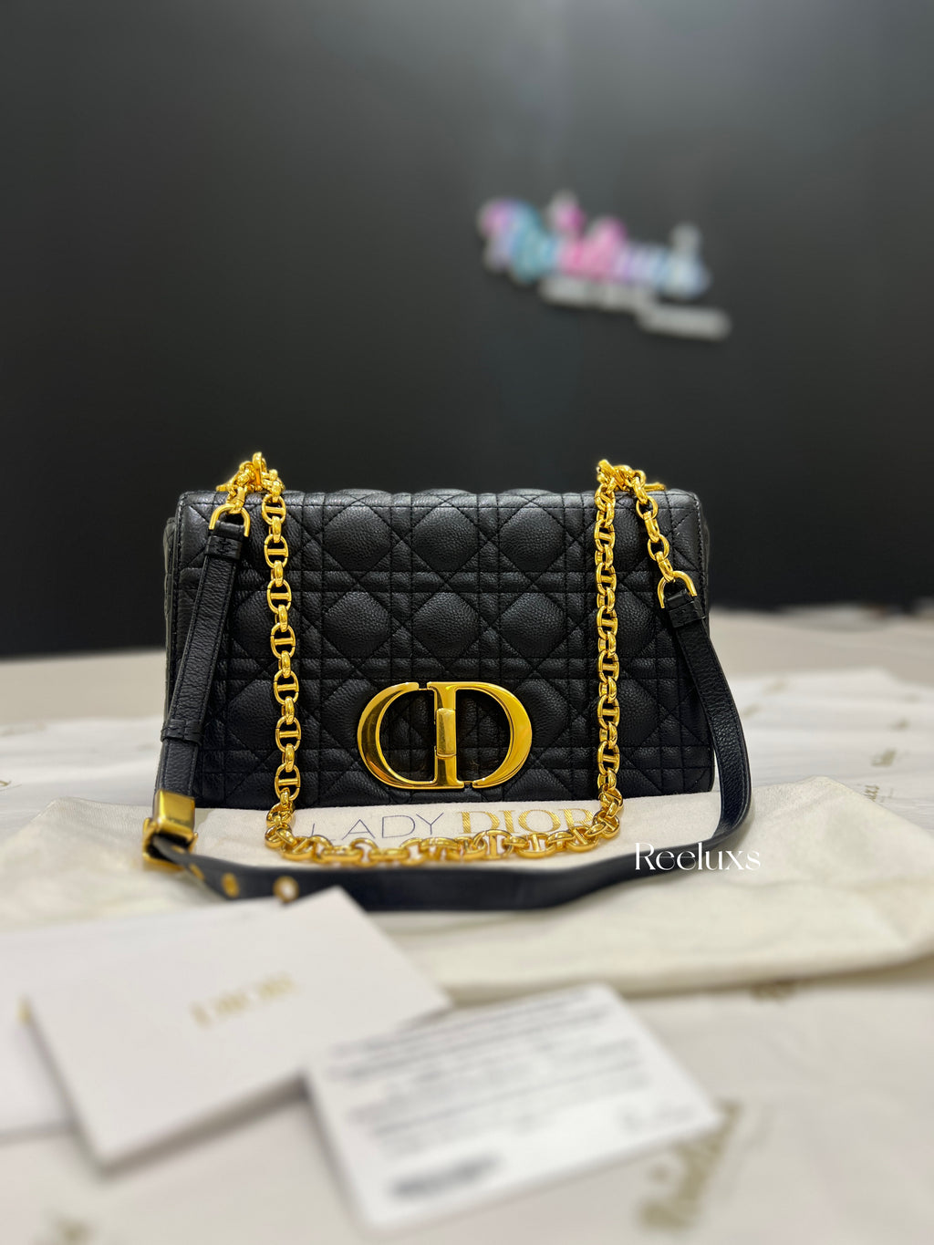 CHRISTIAN DIOR Black Cannage Quilted Lambskin Leather Medium