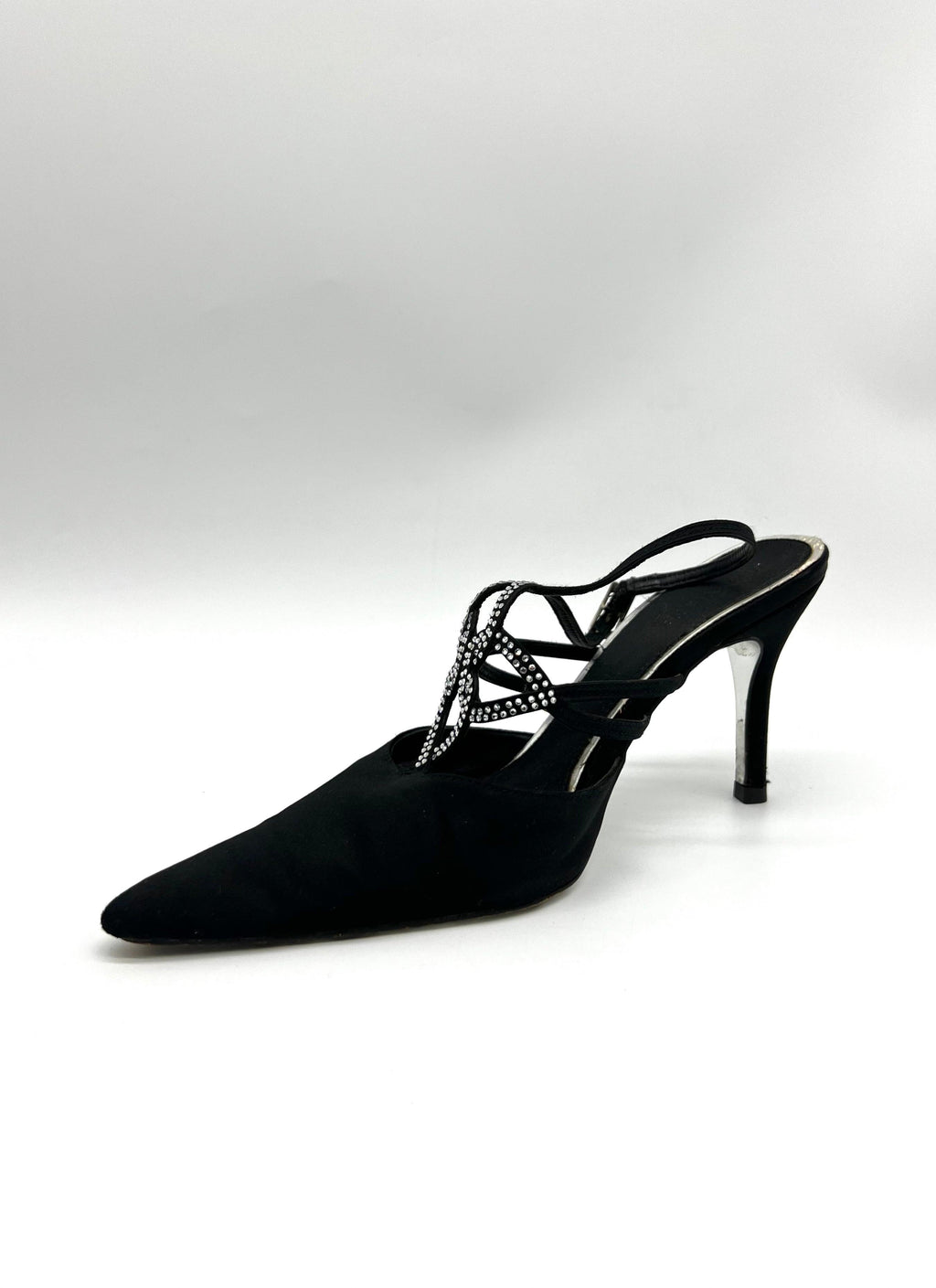 JIMMYCHIA Black Satin and Crystal Strappy Sandals - Reeluxs 