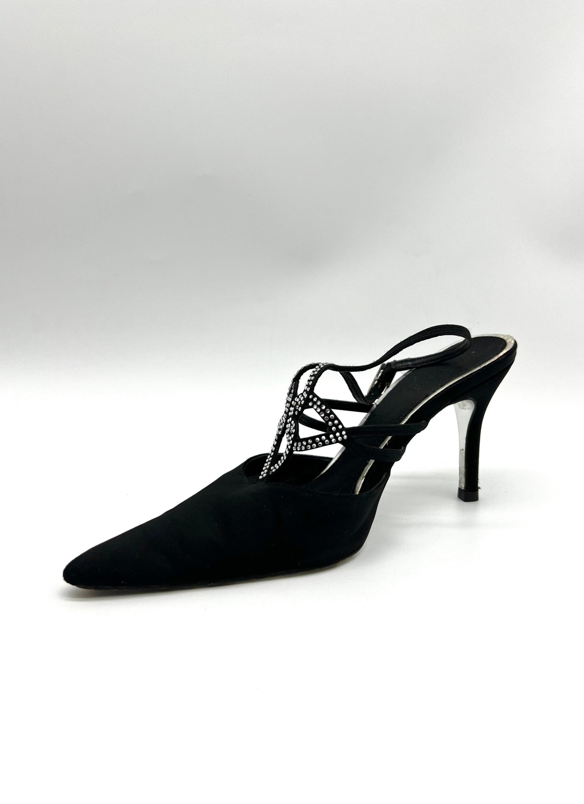 JIMMYCHIA Black Satin and Crystal Strappy Sandals - Reeluxs 