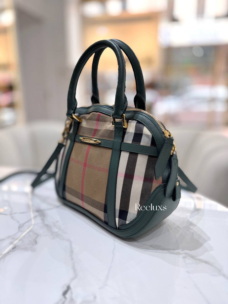 BURBERRY Green/Beige House Check Fabric and Leather Orchard Bowler Bag