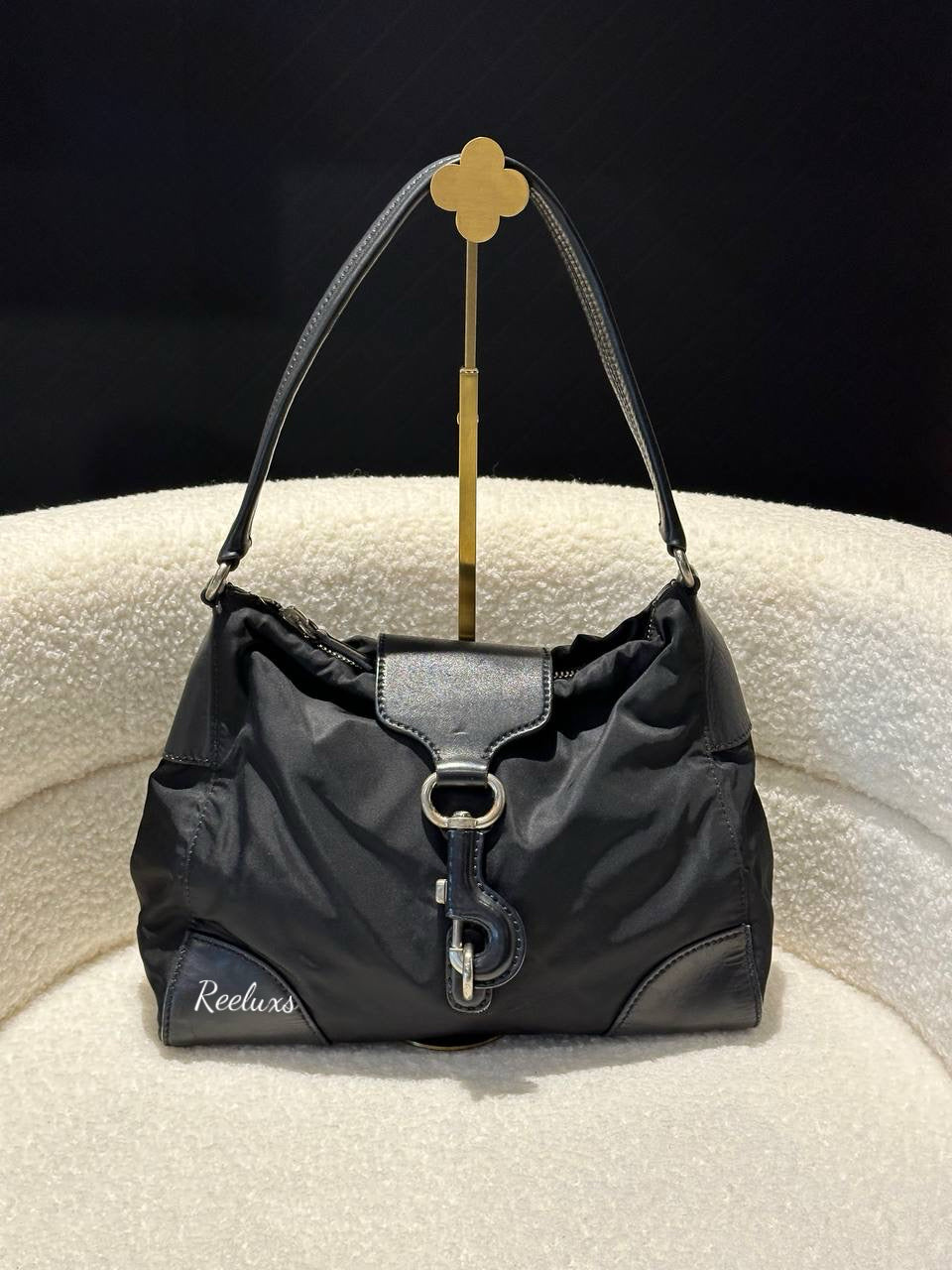 PRADA Tessuto Black Nylon Leather Hobo Bag / Shoulder Bag
