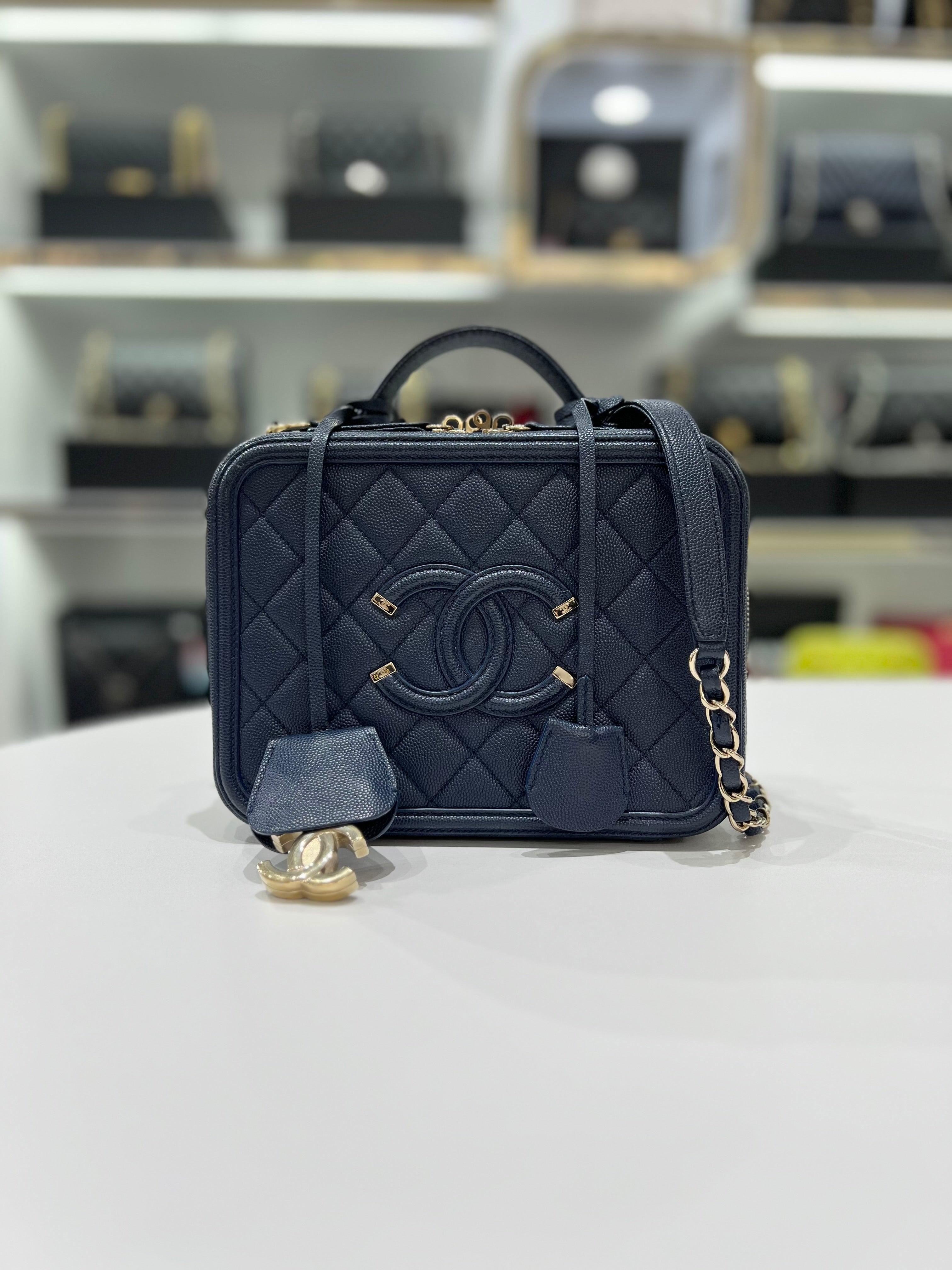 Full Set CHANEL Grained Caviar & Gold- Tone Metal Vanity Blue Leather Women Sling Bag - Reeluxs 