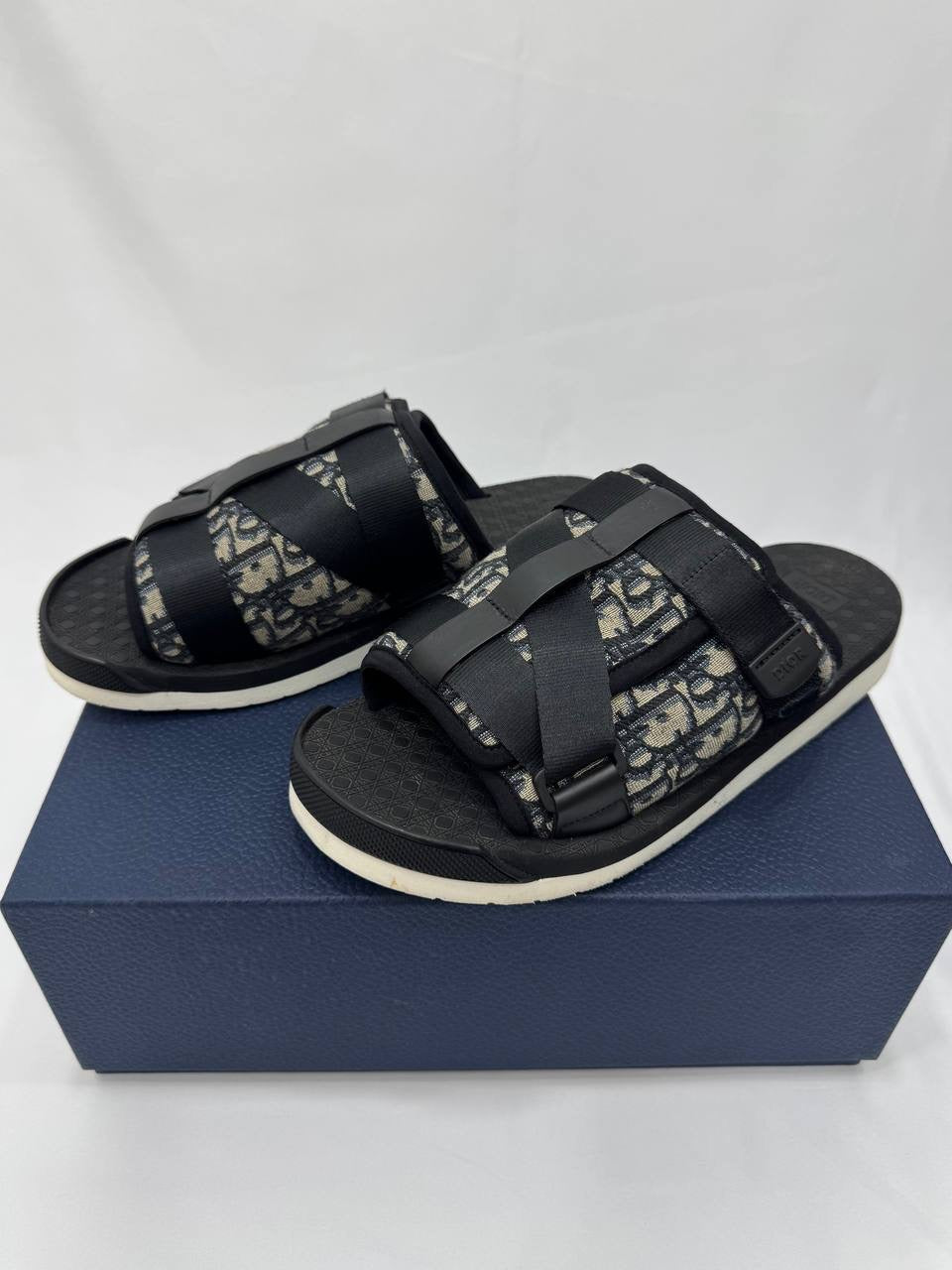 DIOR Men Alpha Sandal Beige and Black Oblique Jacquard Slip Ons