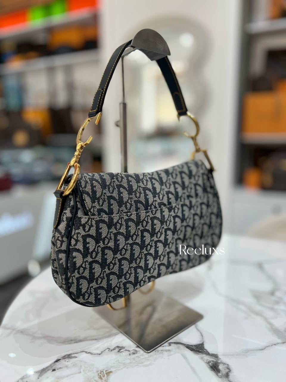 CHRISTIAN DIOR Double Saddle Bag Navy Oblique In GHW