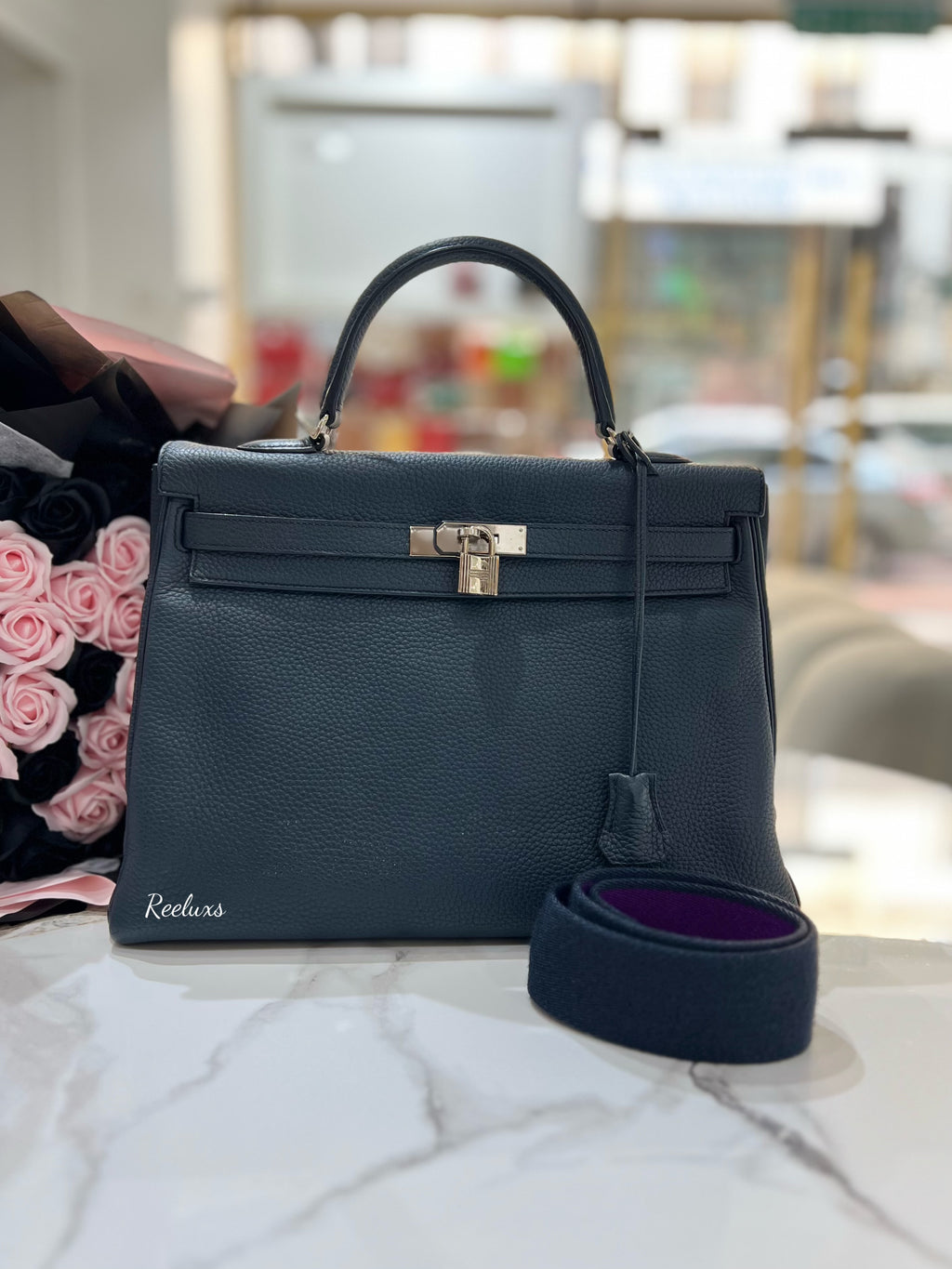 HERMES Kelly 35cm 2Way Use Blue Nuit Togo Leather
