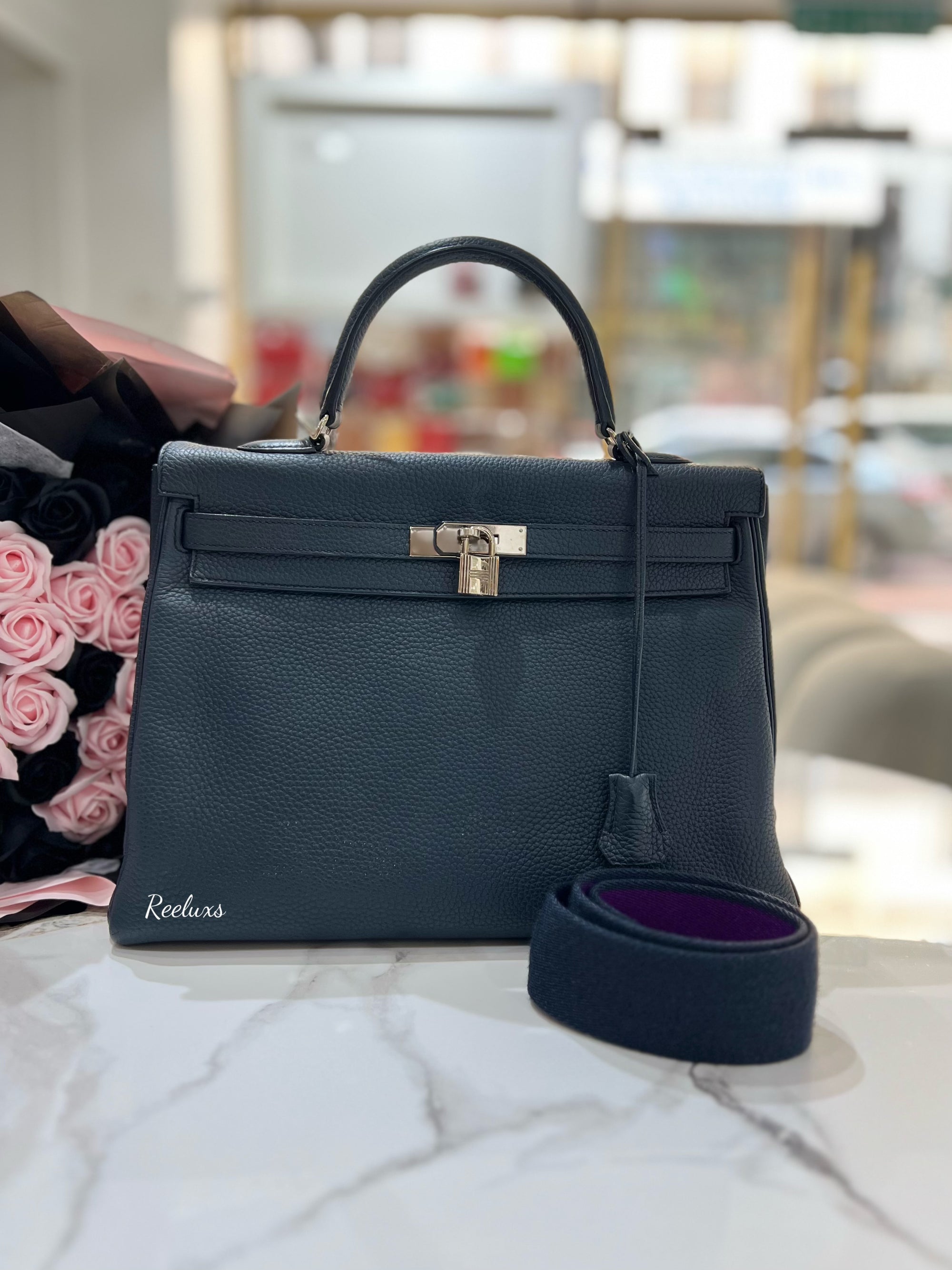 HERMES Kelly 35cm 2Way Use Blue Nuit Togo Leather
