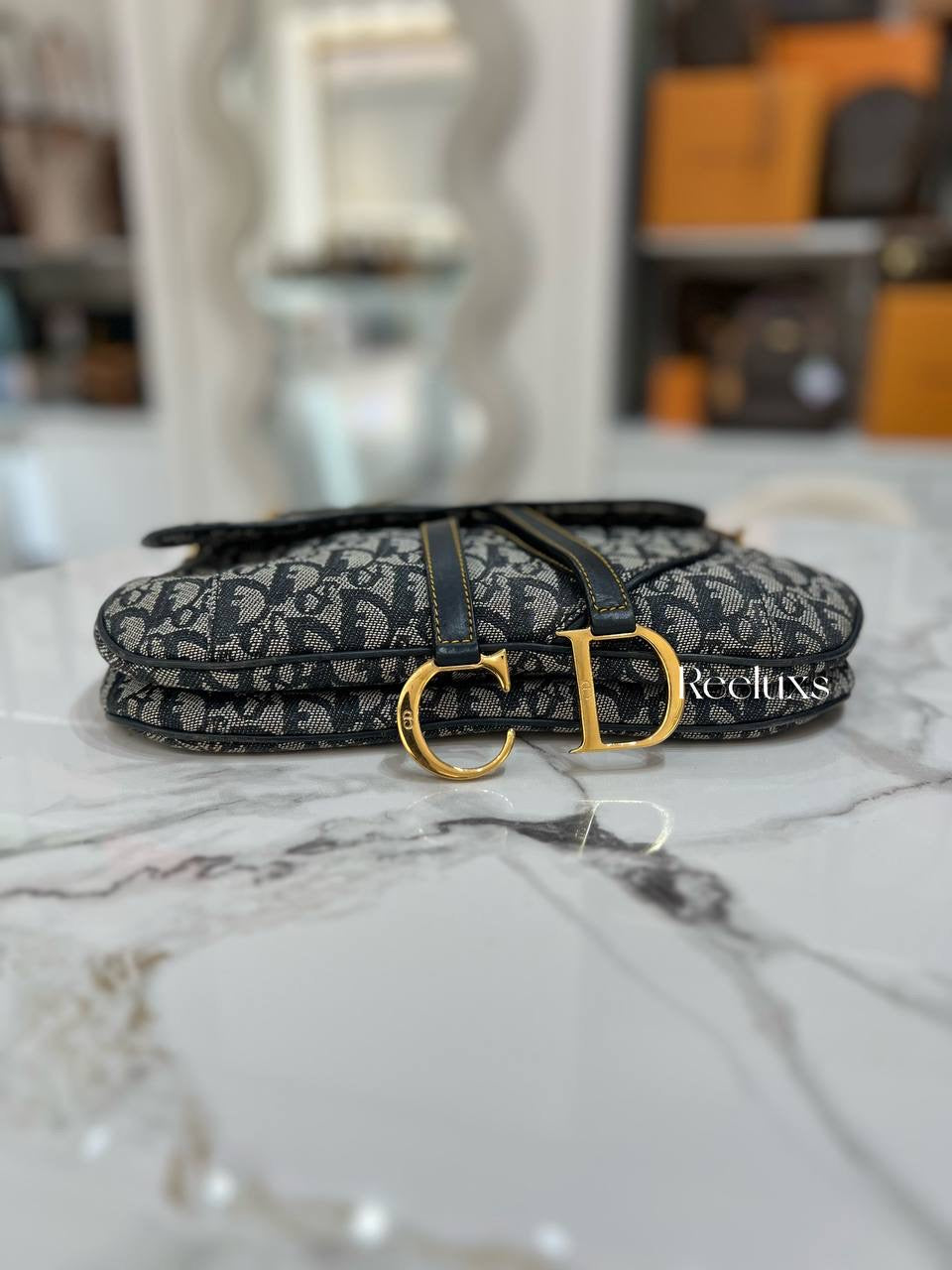 CHRISTIAN DIOR Double Saddle Bag Navy Oblique In GHW