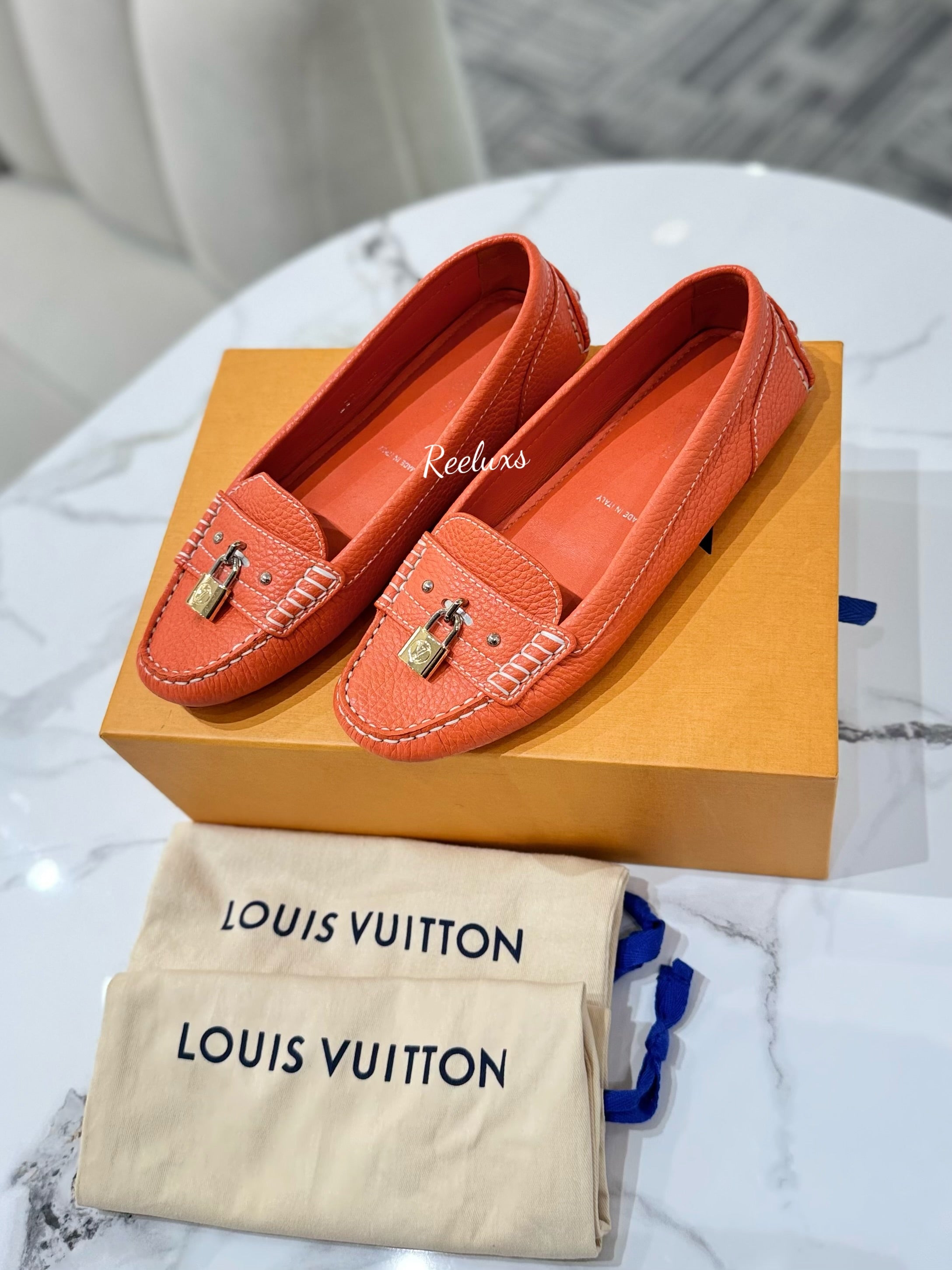 FULL SET LOUIS VUITTON LV Orange Leather Lock Detail Slip On Loafer - Shoes Size 37